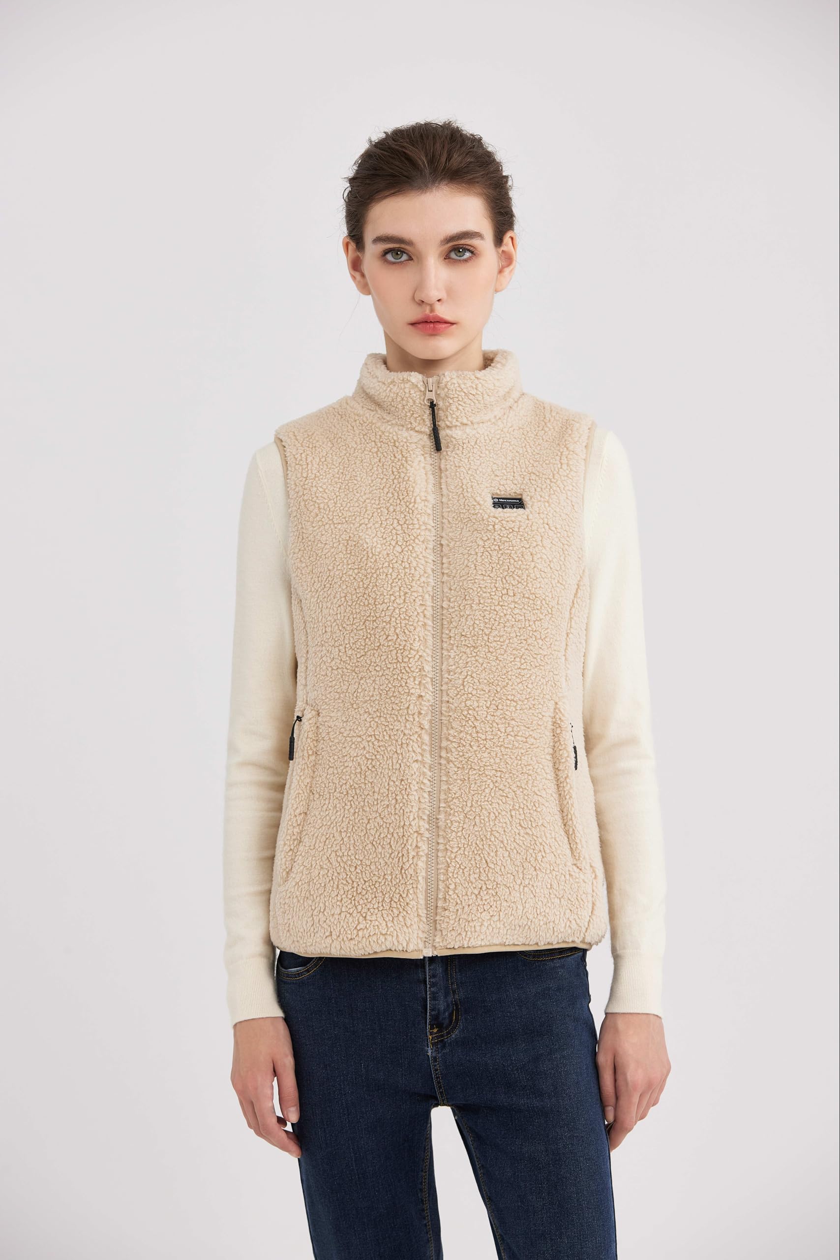 Khaki Flauschige Heizweste Damen mit 16000mAh 7.4V Powerbank inklusive, Sherpa Beheizte Weste Damen, Elektrische Fleece Wärmeweste für Outdoor-Ski-S