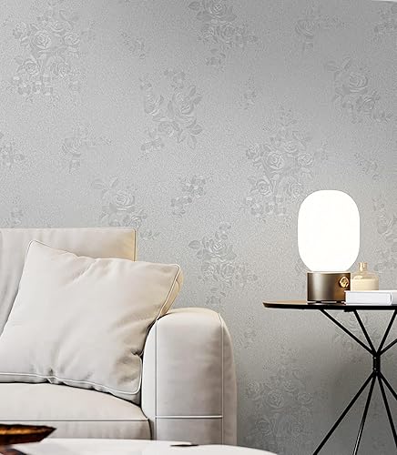 Miniatura 3 de Dimoon Papel tapiz de 78.7 x 17.3 pulgadas, papel tapiz grueso de flores en relieve para despegar y pegar, gris plateado, gris claro, papel de