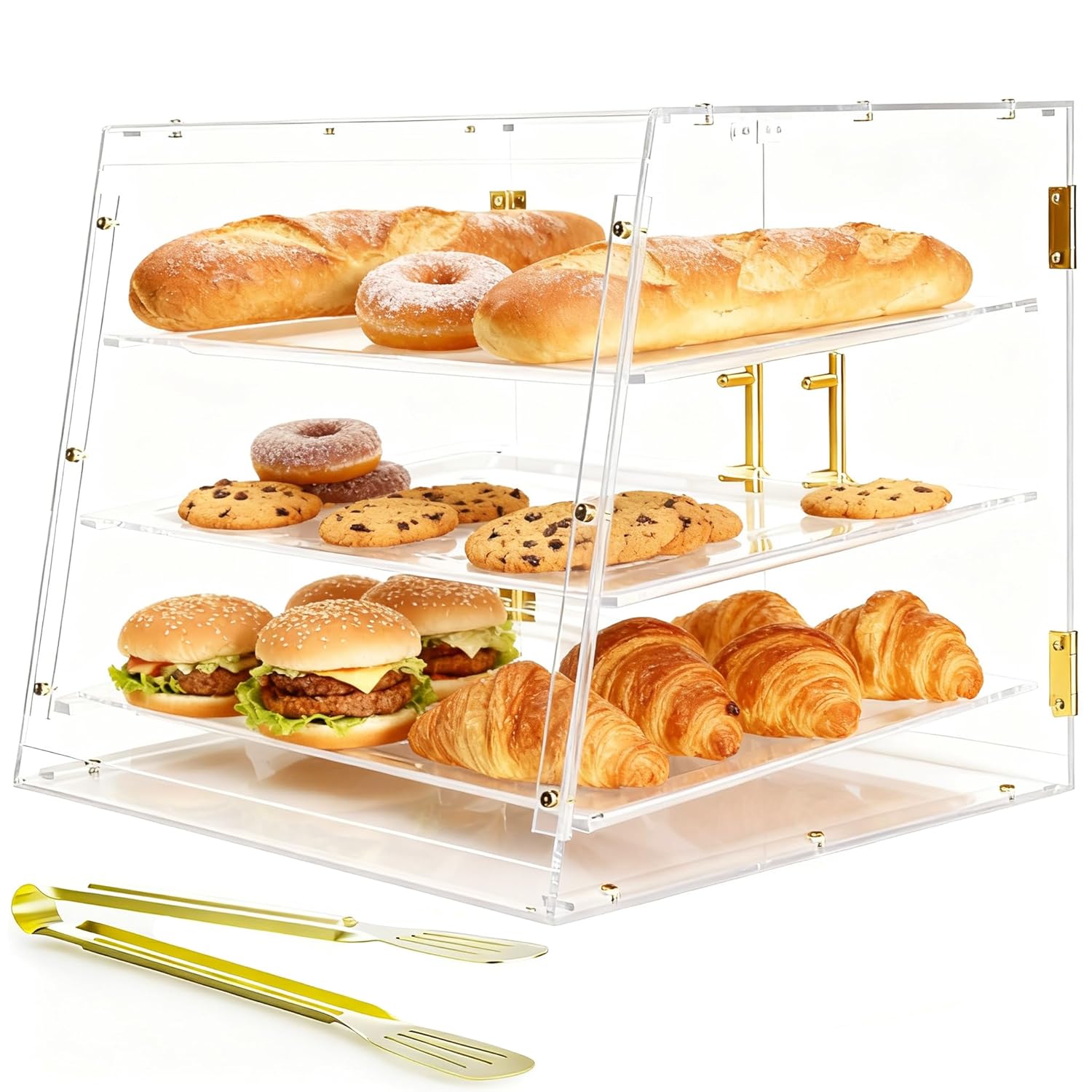 3-Tier Acrylic Pastry Display Case with Removable Trays & Gold Magnetic Doors, 15° Slanted Commercial Countertop Bakery Showcase for Donuts, Cakes, Cookies, 20.86"x16.93"x16.73"