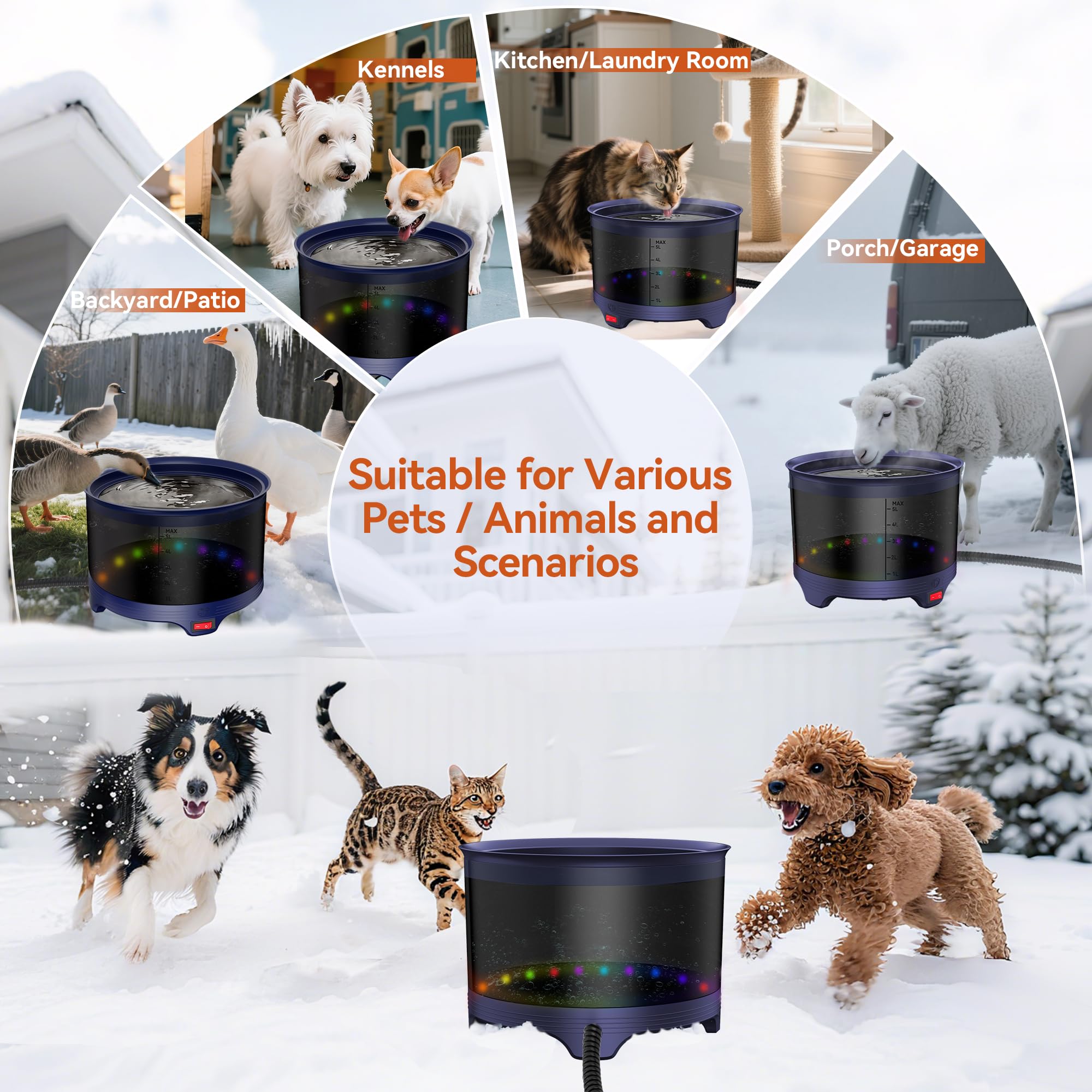 Cuenco de agua calentado para mascotas de 5,5 L, plato de agua calentado para perros, gatos, pájaros, pollos, reptiles y animales pequeños