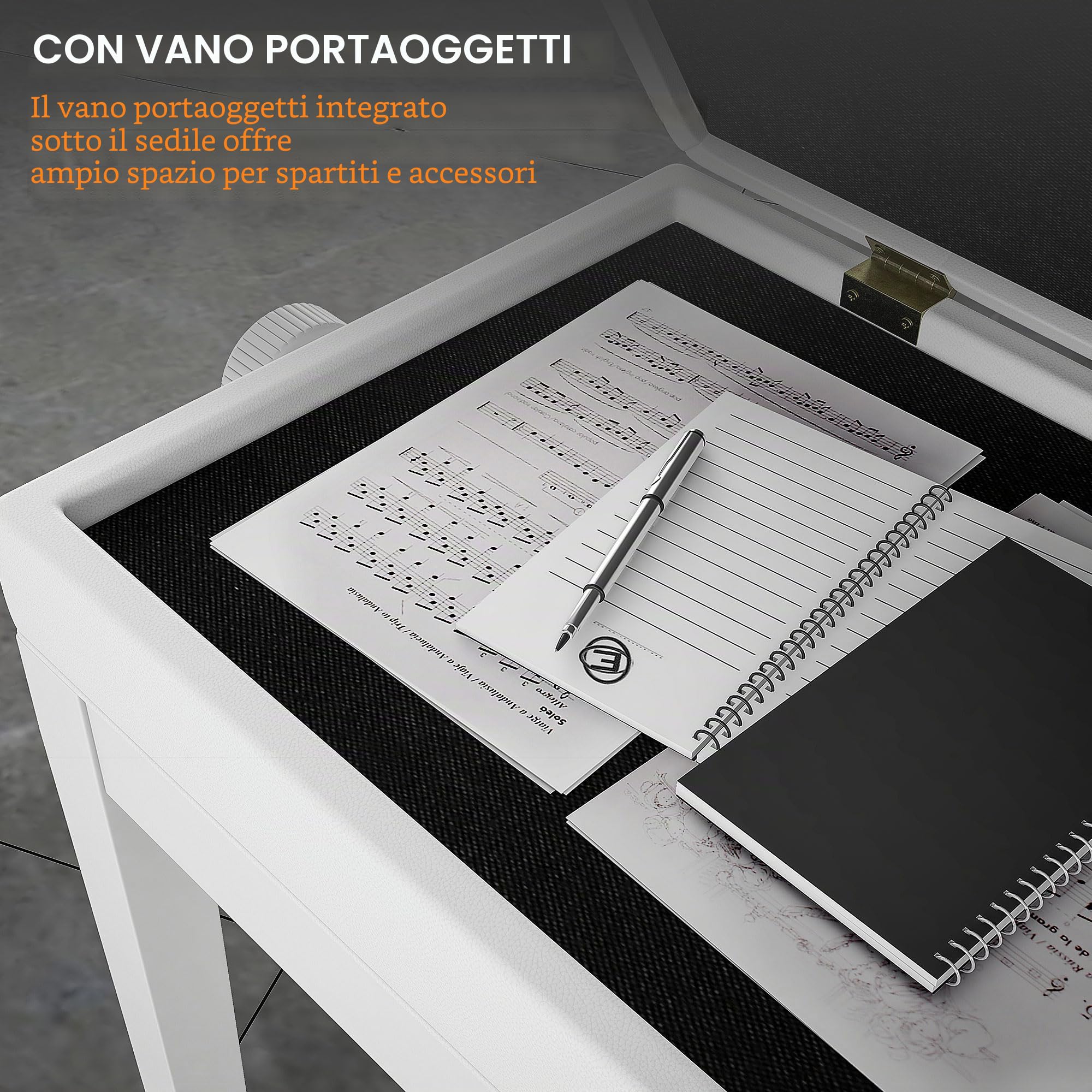 HOMCOM Sgabello da Piano con Ripiano Gambe Legno 54.5x33x48-58cm Bianco | Sgabello per Pianoforte, Altezza Regolabile 48-58 cm, Sgabello Imbottito per Tastiera