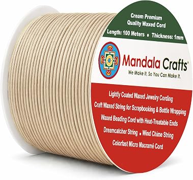 Mandala Crafts 1mm Cream Cotton Waxed Cord for Jewelry Making, 109 Yards Waxed Cotton String for Decorative Knotting and Accessory Assembly