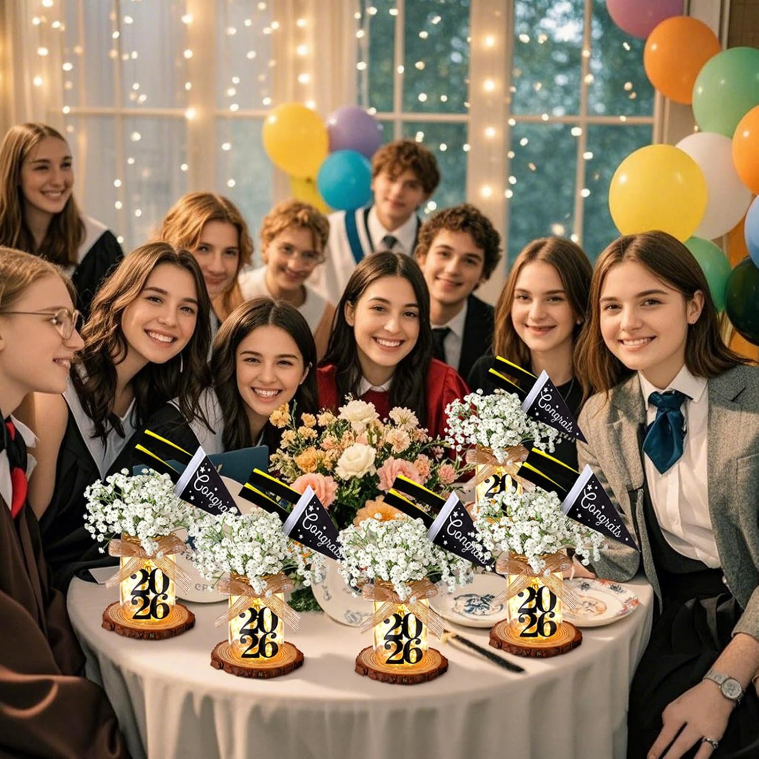6 Pack Mason Jar Graduation Flower Centerpieces Class of 2026 with LED Light up Graduation Cap Decorations Congratulation Grad Party Supplies for Tables College Masters Degree Gifts