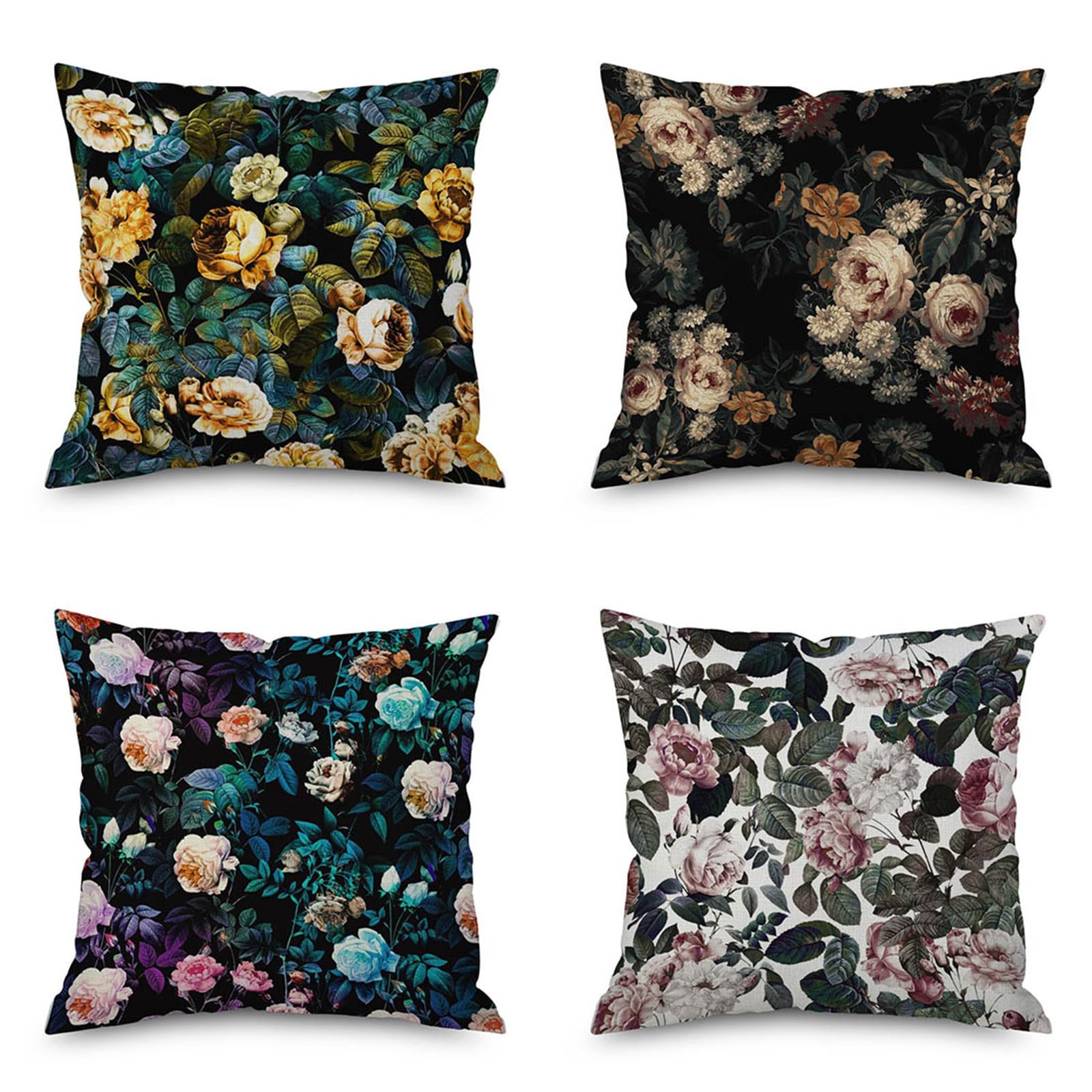 Housses de coussin 55x55cm fleurs rétro lot de 4 en lin carré pour déco salon