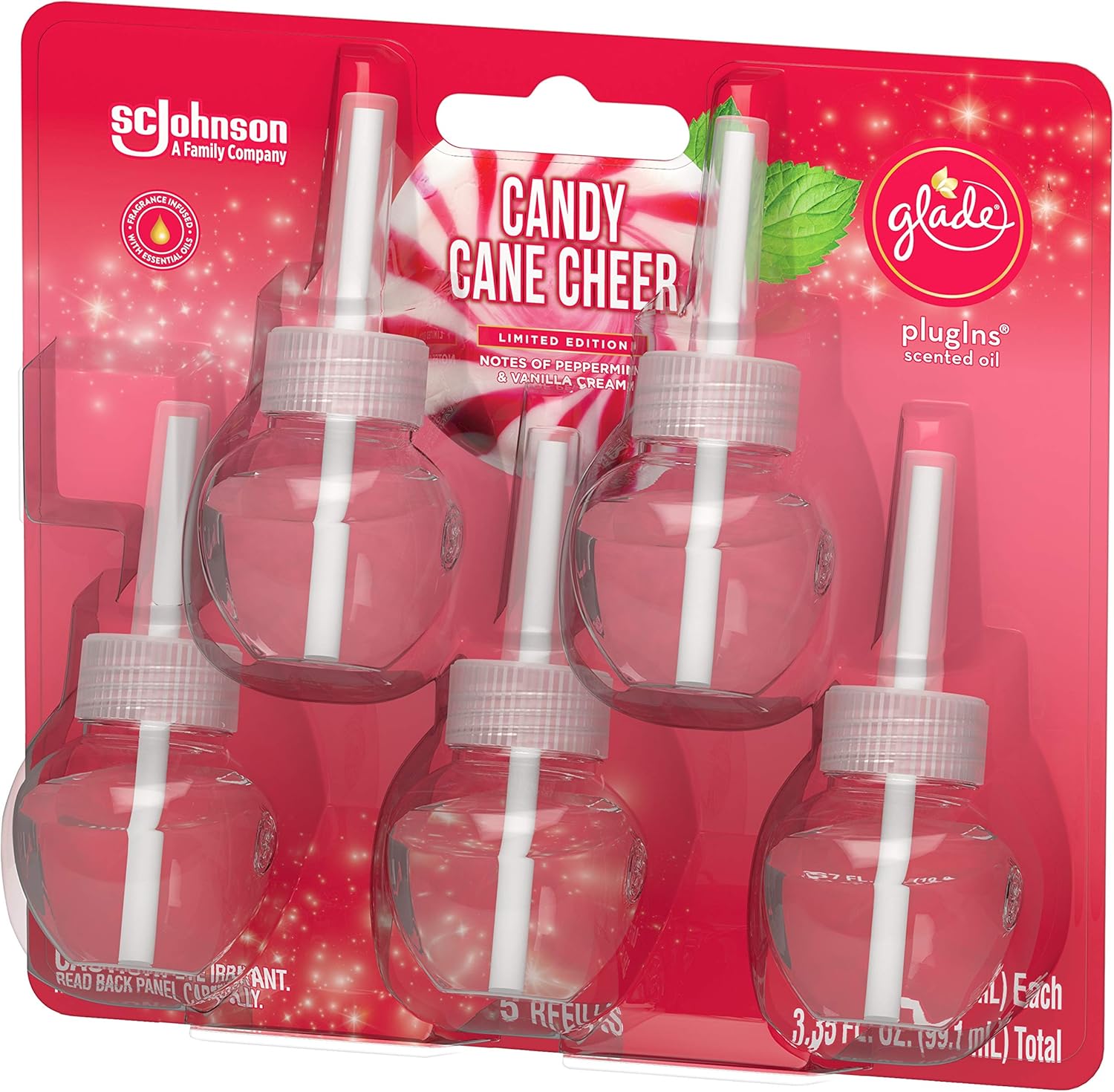 Glade PlugIns Refills Air Freshener, Scented and Essential Oils for Home and Bathroom, Candy Cane Cheer, 3.35 Fl Oz, 5 Count