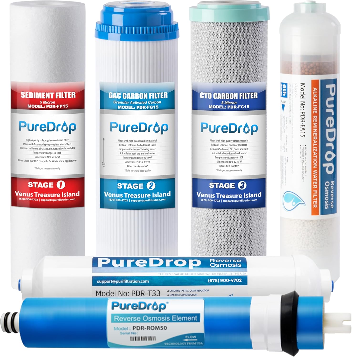 PDR-F6K Replacement Reverse Osmosis Water Filter Set for 6-Stage Under-Sink Water Filtration Systems with Alkaline Mineral Filter