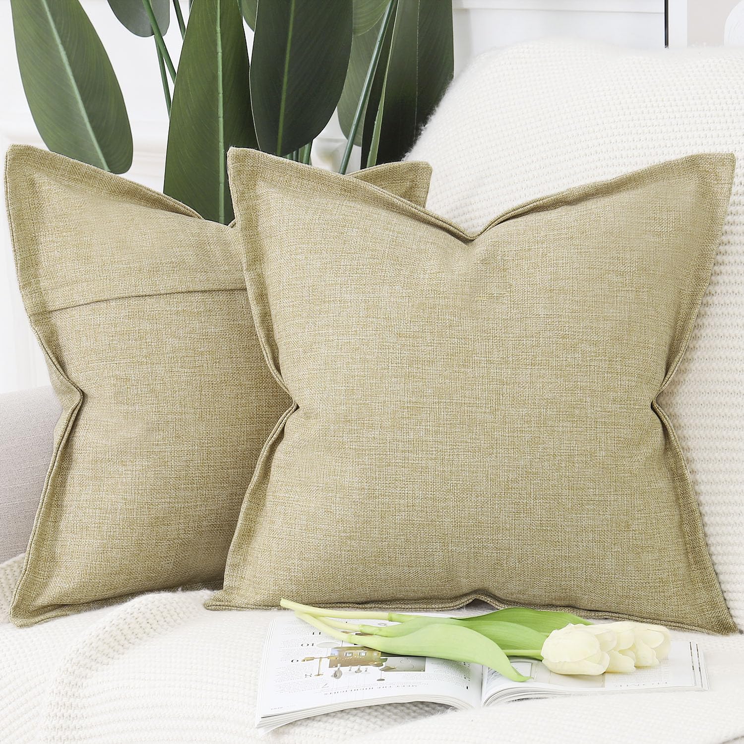 Madizz 2er Set Imitationsleinen Kissenbezügen mit breiter Kante Weiche dekorative Kissenbezüge für Sofa Schlafzimmer Kissenhülle Khaki 60x60 cm Quadrat