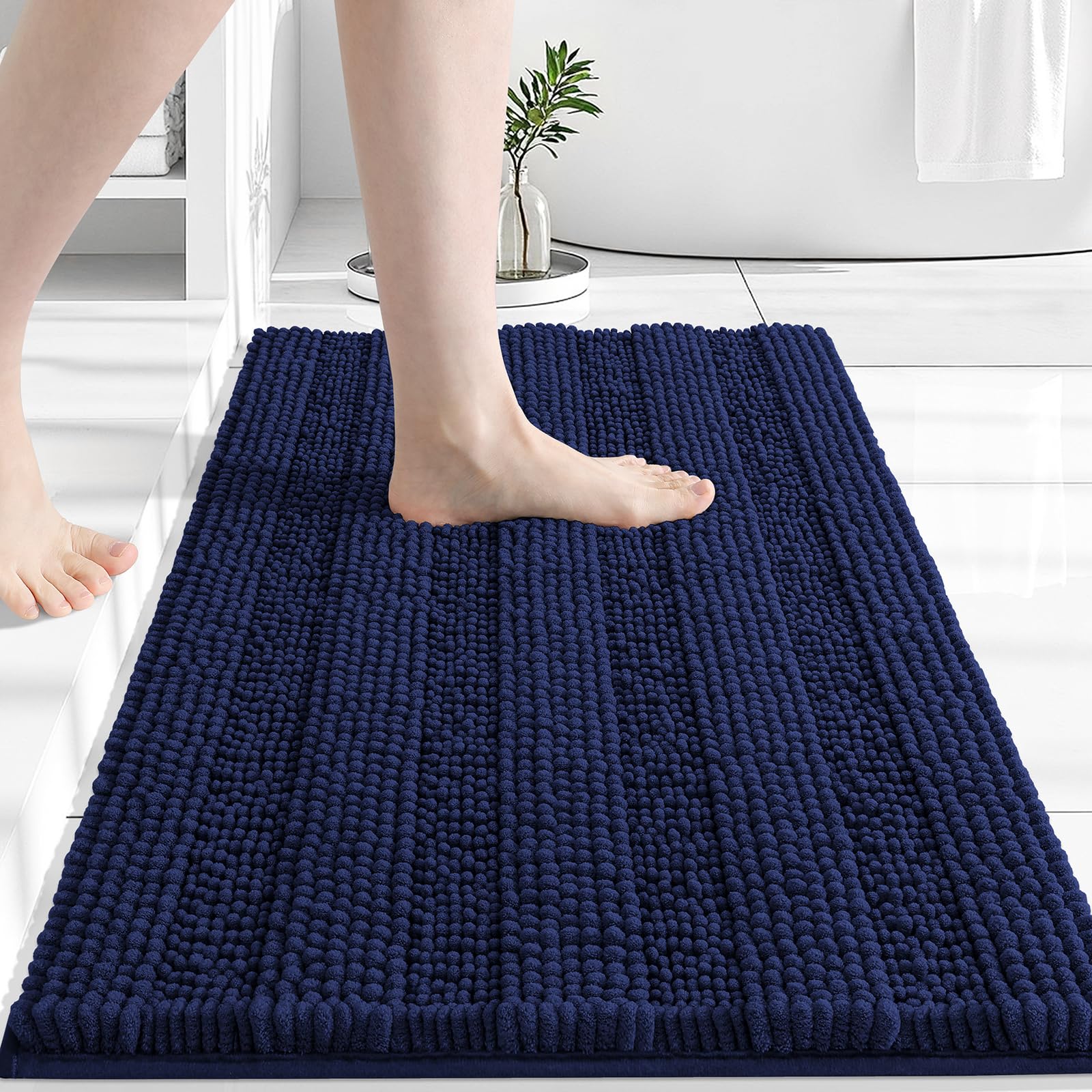 Grandaily Chenille Bathroom Rugs 30x20, Soft Absorbent Bath Mats, Navy
