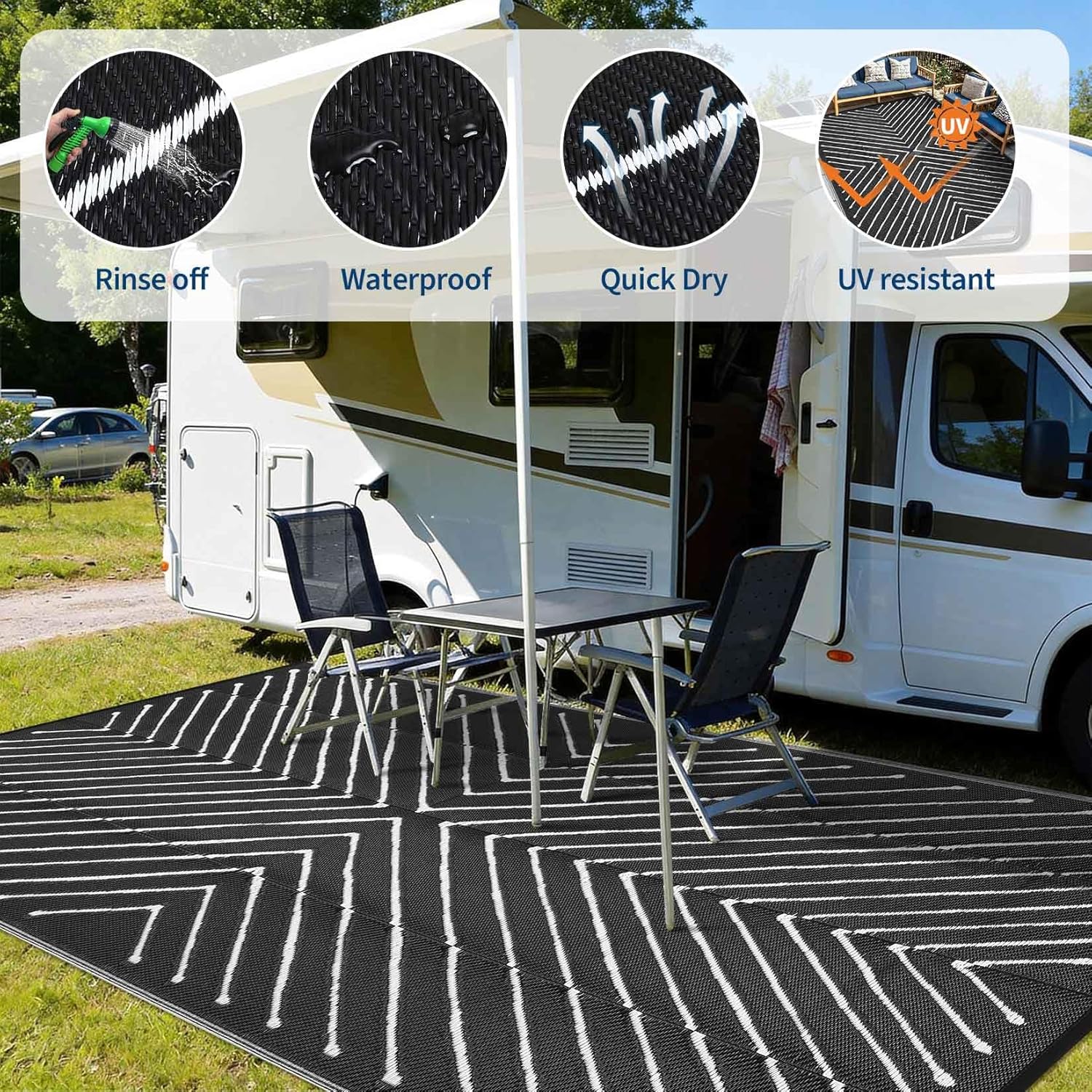 Garvee 5x8 Outdoor Waterproof Rug - Reversible Modern Striped Plastic Straw Patio Mat, Portable RV Camping Rug for Picnic, Beach, Balcony, Deck - UV Protected & Easy to Clean, Black&White.
