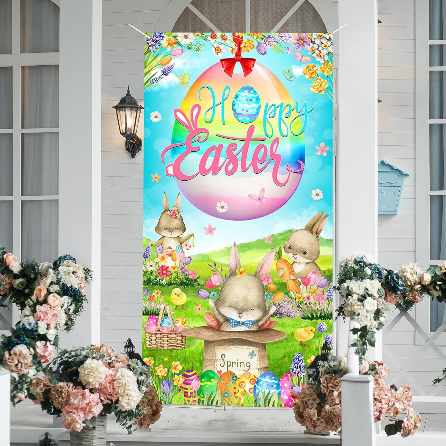 Mocsicka Happy Easter Door Cover Spring Easter Bunny Door Cover Egg Easter Door Banner Party Hanging Banner Sign Decoration for Indoor Outdoor Easter Party Decoration (Green)