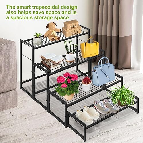 Miniatura 7 de Soporte de metal de 4 niveles para plantas para interiores y exteriores, soporte para macetas de flores, apilable, resistente, alto, soporte para