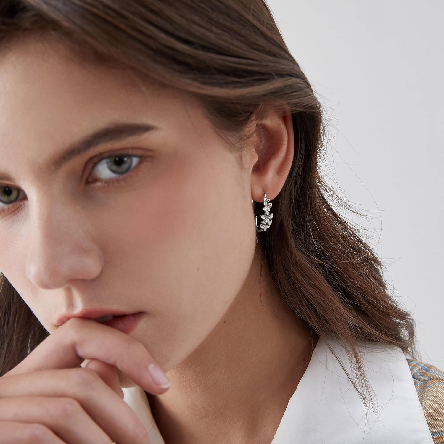 Flower Cluster Threader Earrings Handmade Solid Sterling Silver Pull Through Hoop Earrings for Women - Image 2