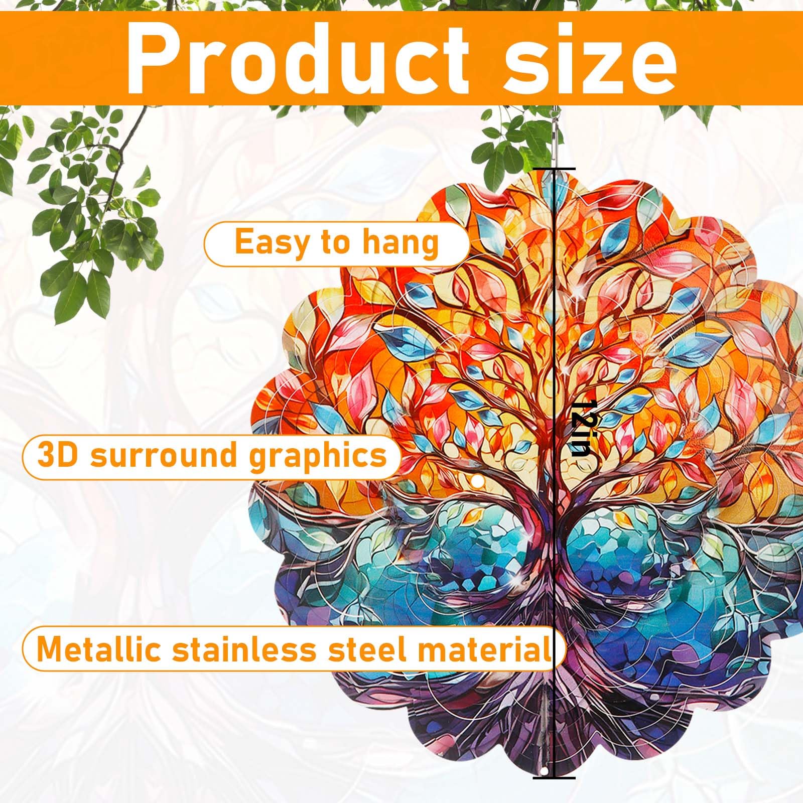 Wind Spinner-3D Stainless Steel Hanging Wind Catchers Kinetic,Hanging Ornament Outdoor Wind Spinner,12Inch Wind Spinners Outdoor Hanging for Gardens and Courtyards (Tree)