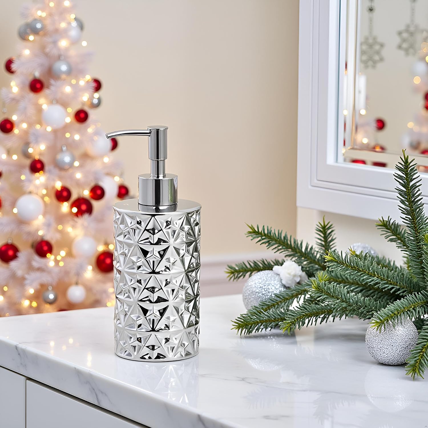 12 Oz Ceramic Soap Dispenser with Rust Proof Stainless Steel Pump,Refillable Diamond Lotion Soap Dispenser for Bathroom, Kitchen, Hand Soap, Dish Soap,Shampoo, Ideal for Bathroom Countertop. Silver. image 3