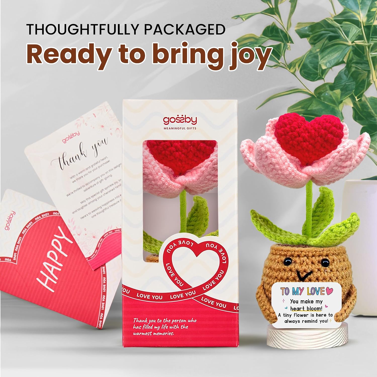 Gossby Handmade Heart Flower Crochet with 'to My Love You Make My Heart Bloom' Card - Valentines Day Gifts for Him/Her Girlfriend Boyfriend - Romantic Anniversary Birthday Gift for Husband from Wife