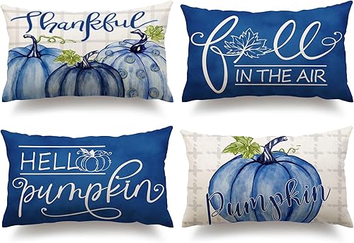 DFXSZ Juego de 4 fundas de almohada de otoño de 12 x 20 pulgadas, diseño de calabaza azul otoñal, decoración de Acción de Gracias para el hogar,