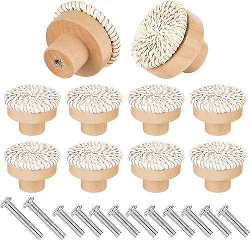 10 pomos de ratán bohemio para gabinete, tiradores de cajones de madera natural con 10 tornillos para aparador, muebles de cocina, cuarto de bebé,