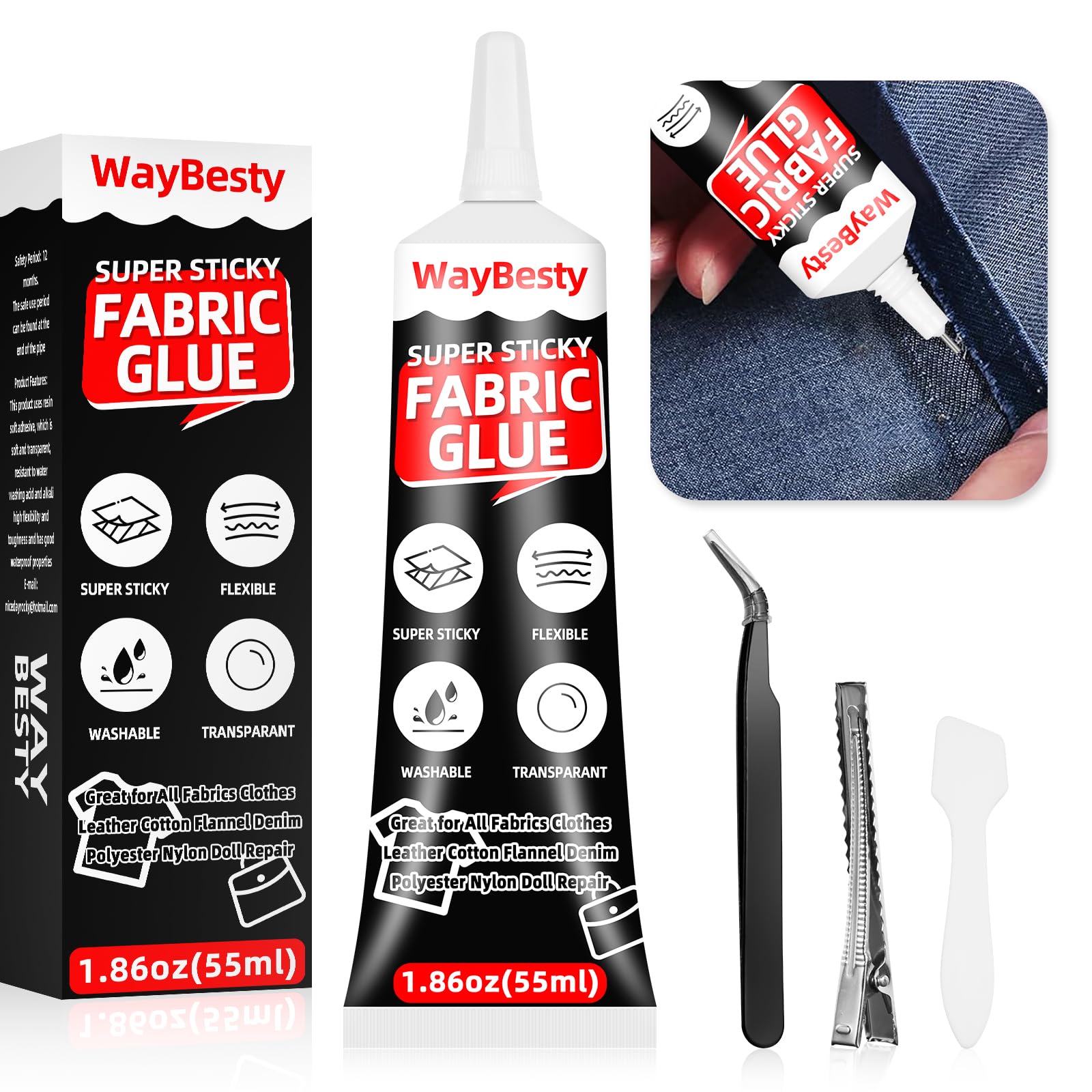 Clear Fabric Glue - Permanent, Washable, Strong - All Fabrics, Cotton, Flannel, Denim, Leather, Polyester, Doll Repair, Rhinestones, Patches -