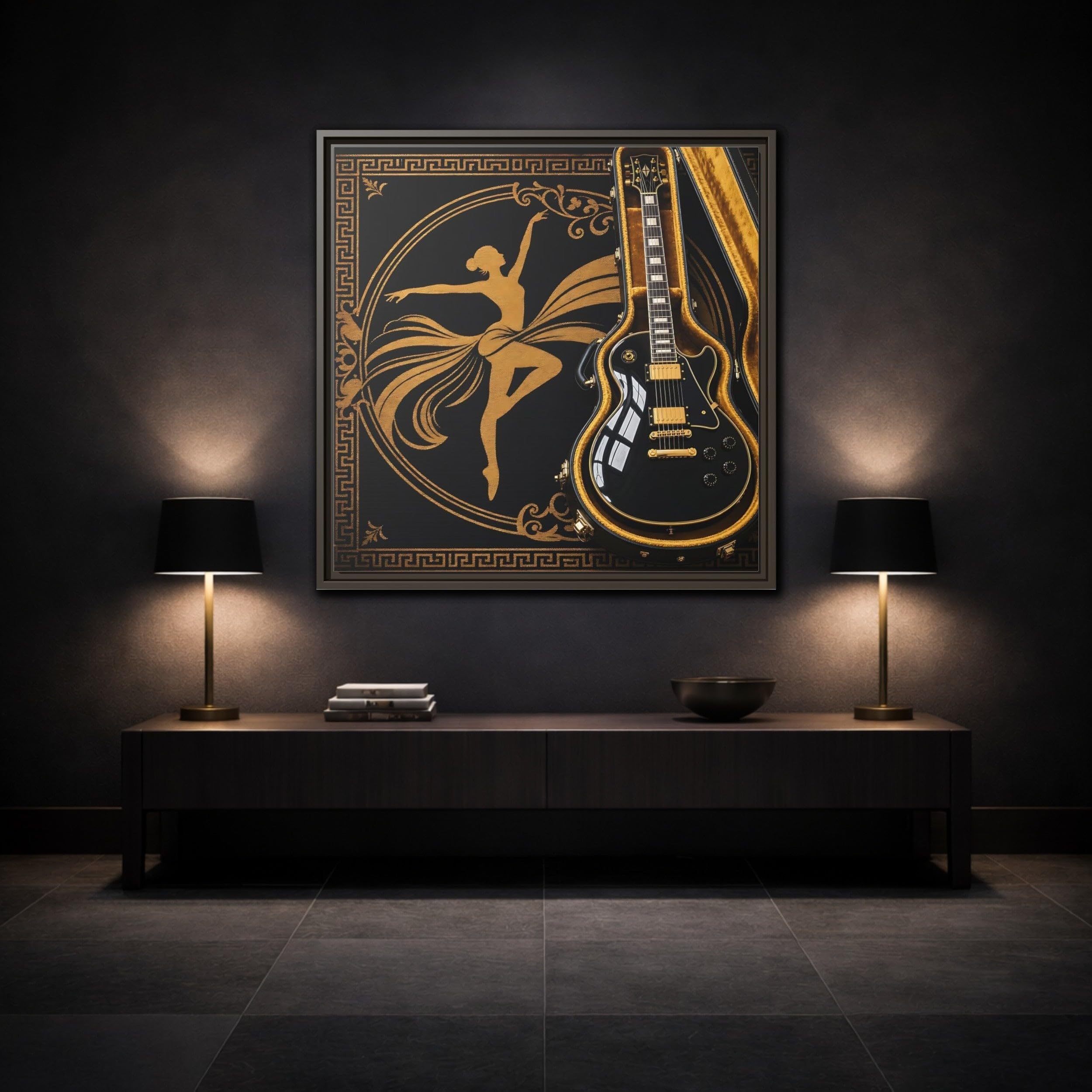 Vintage Dancer Guitar Black And Gold Framed Canvas Print – Art Deco Living Room, Above Fireplace 16×16 inch (40×40 cm) - Square/White / 1.25 inch (3 cm)