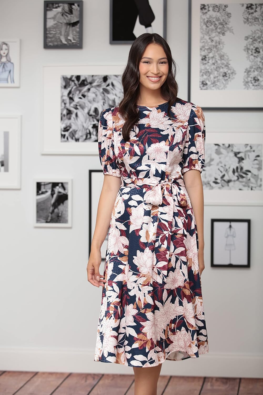 London Times Women's Puff Sleeve Satin Midi Tie Waist Office Shower Guest of Wedding