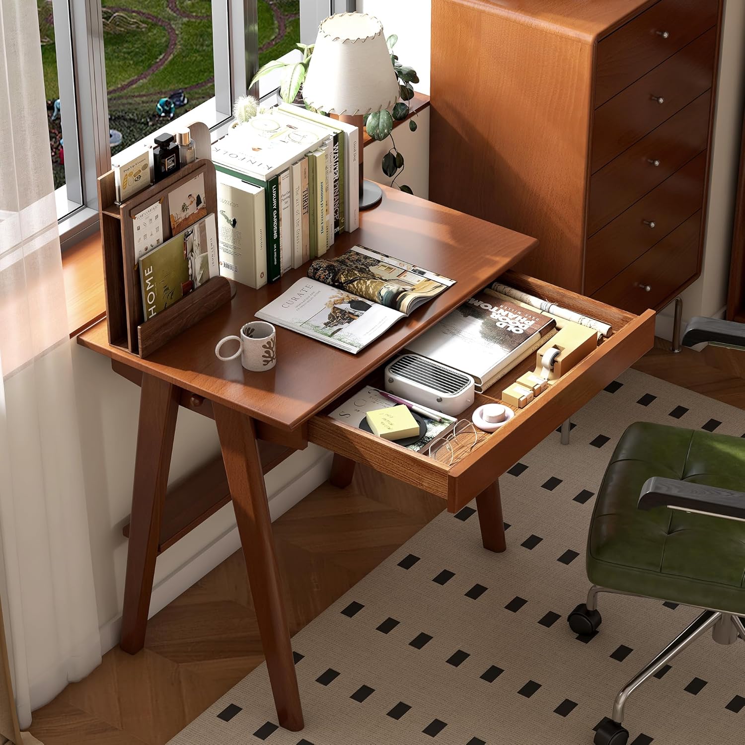 100% Solid Rubber Wood Desk Home Office Desk Mid Century Modern Writing Computer Desk with Drawer for Home Office 31"