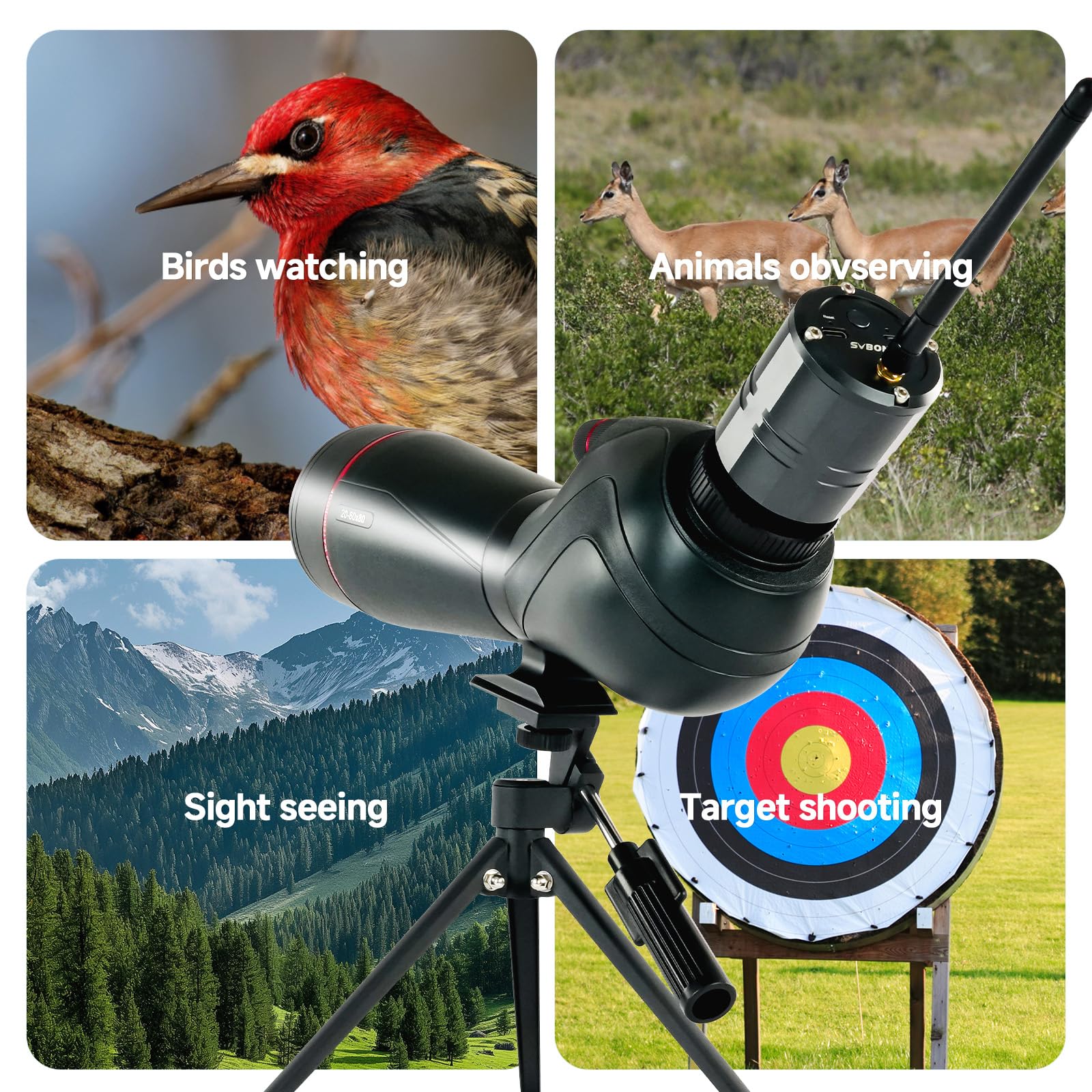 SVBONY SV406 20-60x80 Spotting Scope with Tripod,SC001 WiFi, 3-Axis Adjustable Adapter,HD Optical System with BAK4 Prism, Waterproof & Fogproof, Spotting Scopes for Target Shooting, Bird Watching