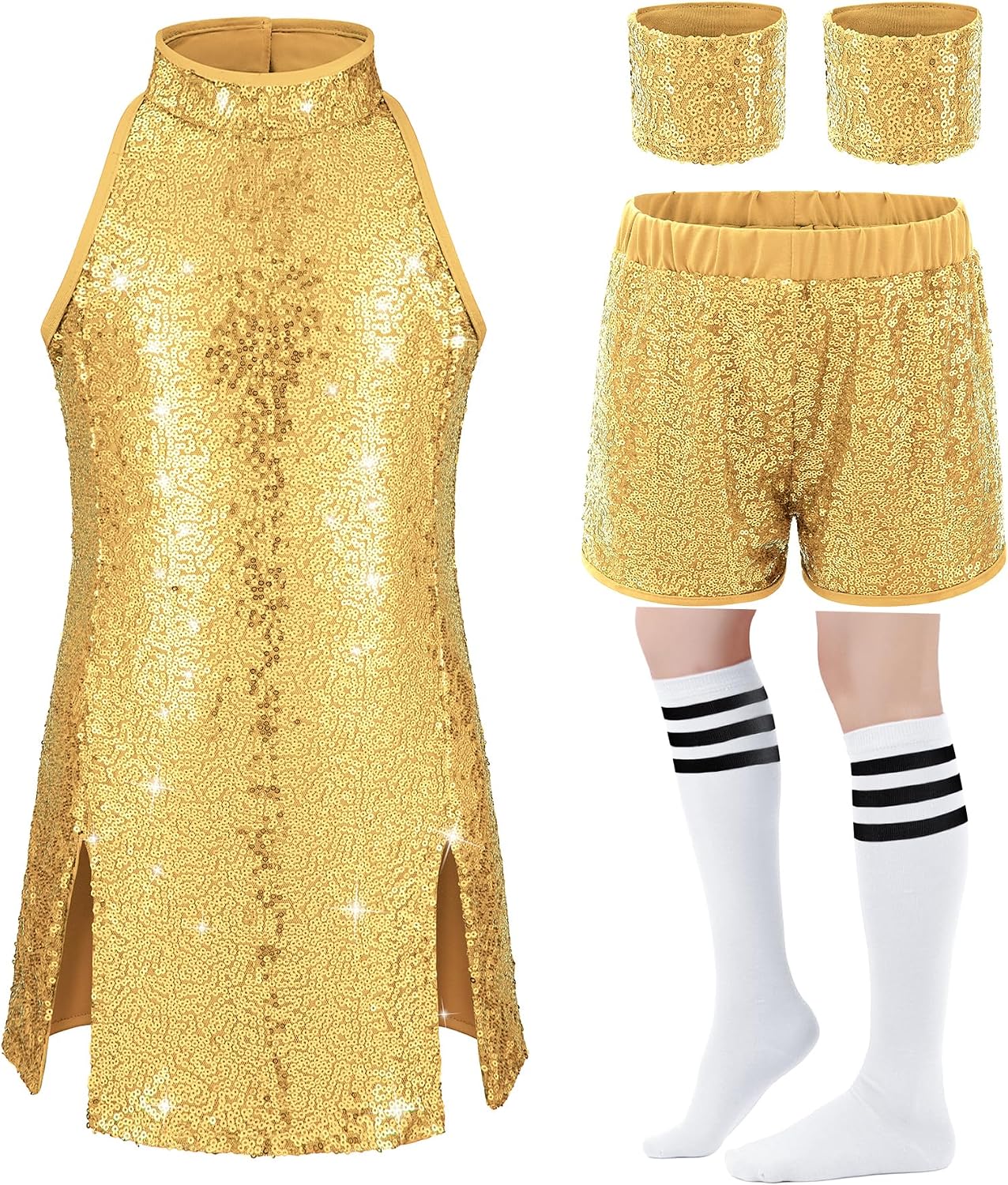 Girls Sequins Dance Outfit Dress Kids Sparkle Jazz Singer Star Costume Top Shorts 4PCS Set 3-14 Years