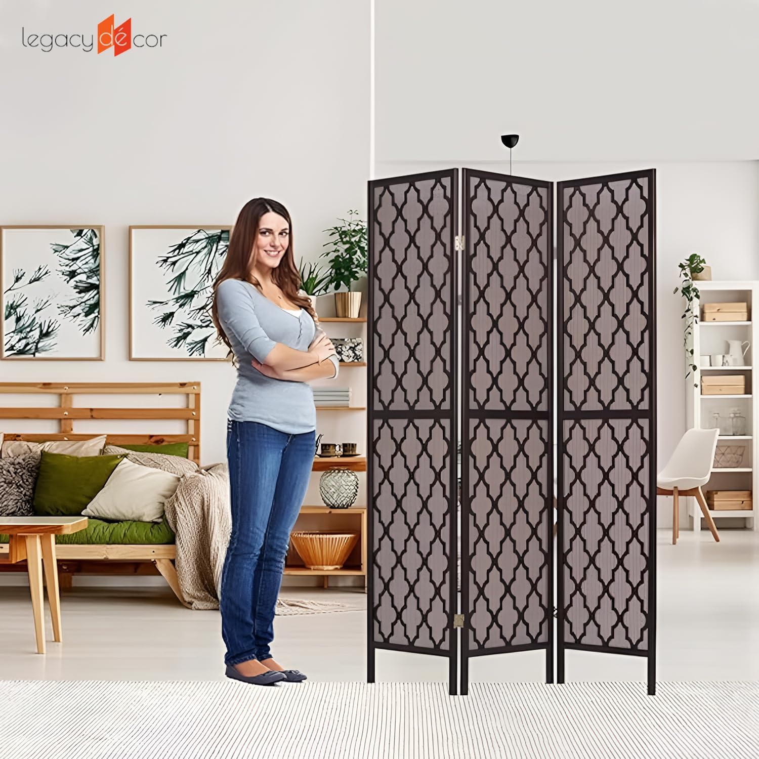 Legacy Decor 3 Panels Room Divider - 5.7ft Rattan Cane Webbing Privacy Screen Insert with Decorative Cut Outs - Portable & Foldable Temporary Wall Partition for Home, Office & Studio - Color Espresso