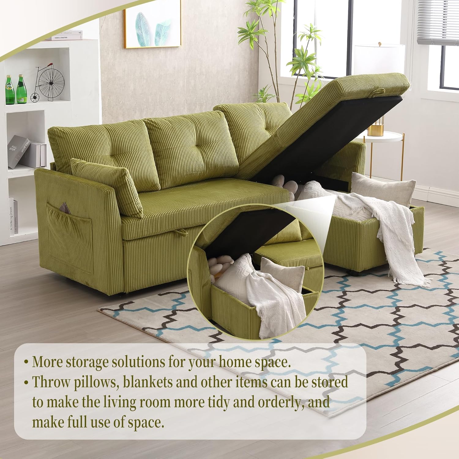 81''Pull Out Sleeper Sofa Bed, L-Shaped Sectional Sofa with Storage Chaise and Side Pockets, Olive Corduroy Corner Lounge Couch, Convertible Couch Bed for Living Room Apartment Guest Room