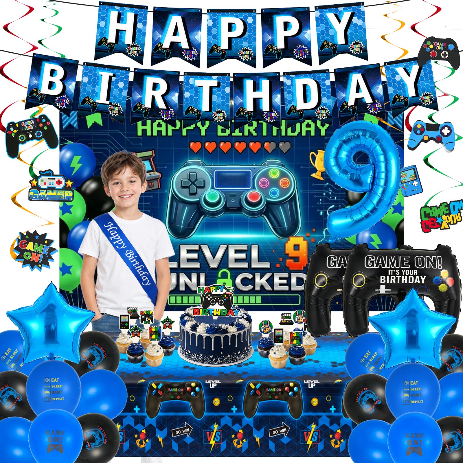 Bafeil 9th Birthday Decorations Blue Video Gaming Party Decor Set for Boys