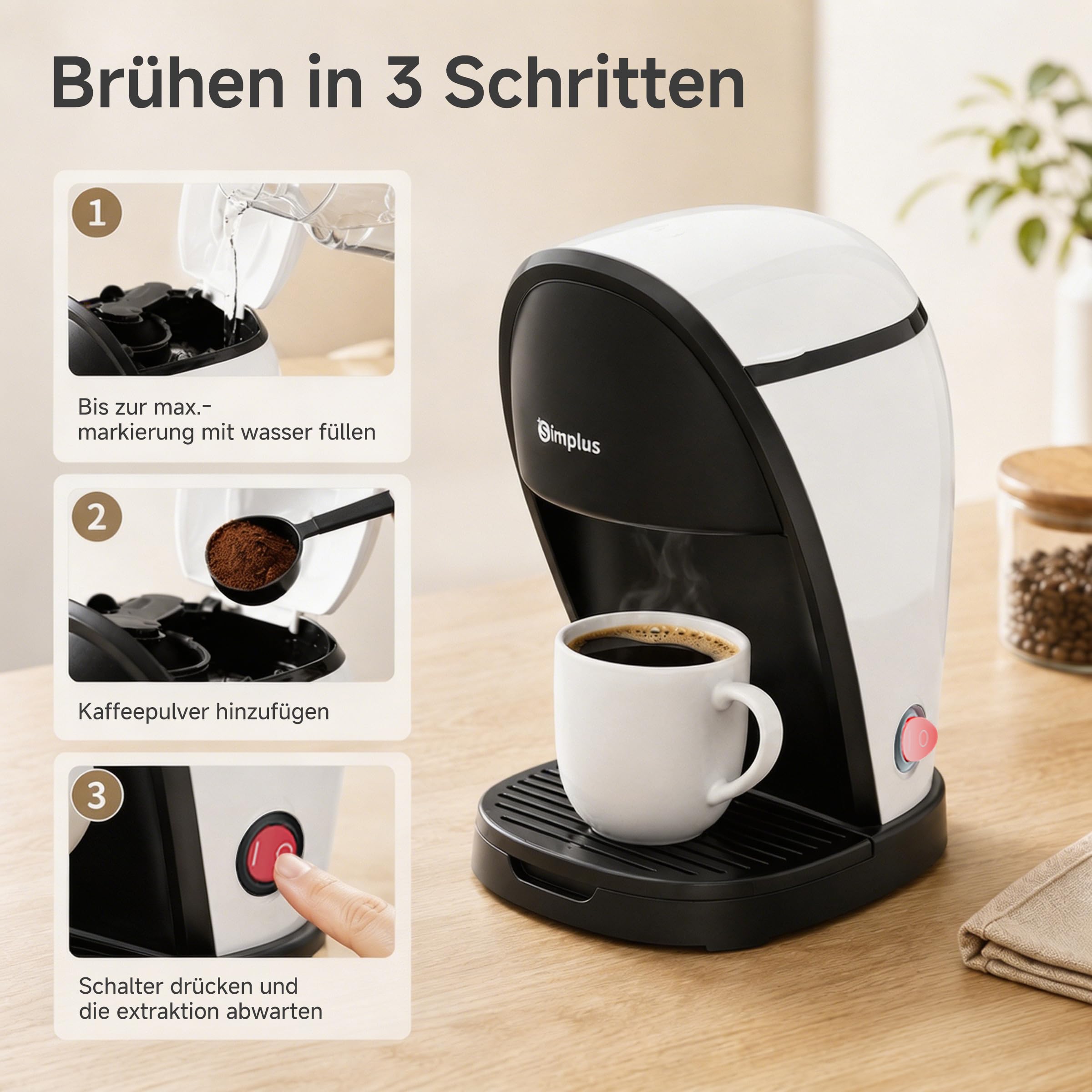 SIMPLUS Mini Filterkaffeemaschine für 2 Tassen, Kleine Kaffeemaschine mit Dauerfilter, 250ml Wassertank, 4-Minuten Brühzeit, Ein-Knopf Bedienung, Kompakte Kaffeemaschine für Büro, Küche