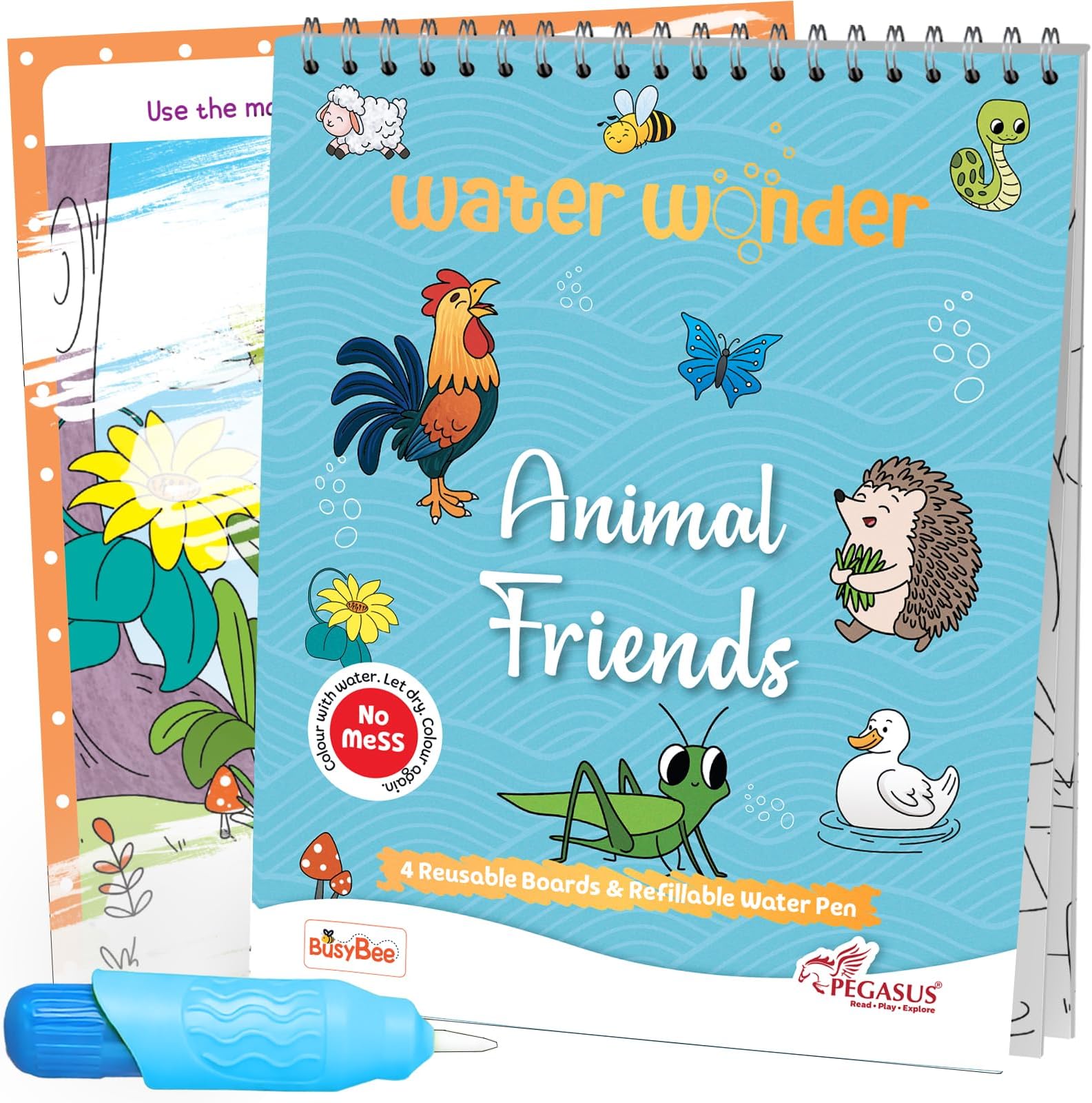 Reusable Magic Water Coloring Book For Kids, Educational Fun Time for Kids, Mess-Free Art with Quick Dry Technology (Animals Theme | 4 Reusable Coloring & Activity Boards | 1 Refillable Water Pen)