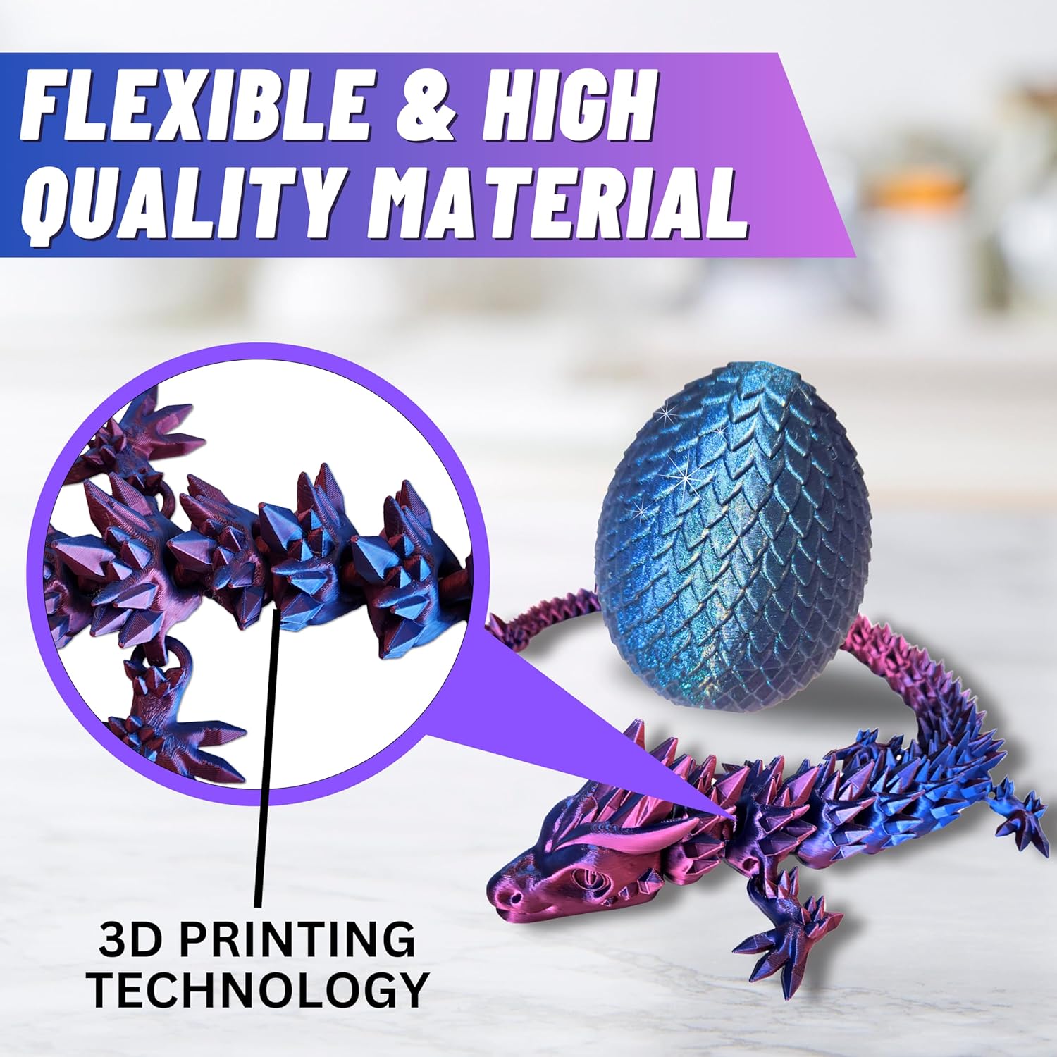 20" Articulated 3D Printed Dragon with Surprise Egg – Flexible Fidget Toy for Kids & Teens, Dragon Egg, Mythical Figurine (Red/Blue with Blue Egg)