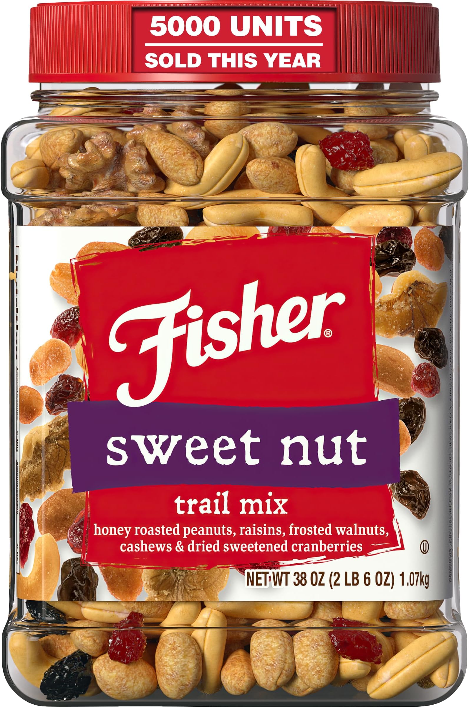 Fisher Snack Sweet Nut Bulk Trail Mix, 38 oz (Pack of 1), Honey Roasted Peanuts, Raisins, Frosted Walnuts, Cashews, Dried Sweetened Cranberries, Healthy Snacks for Adults & Kids, Dried Fruit, Trail Mix Snacks