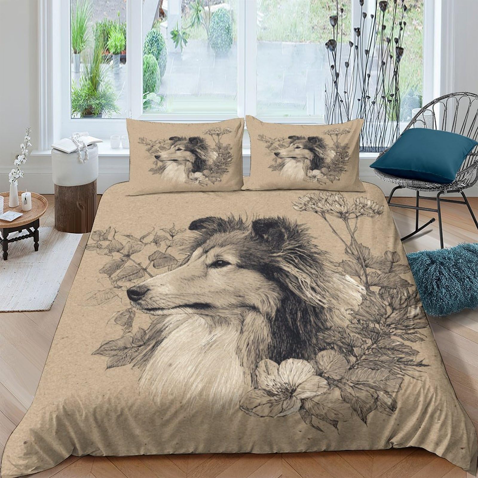 GPLZQXKJNH 3D Printed Collie Dog Duvet Cover Microfiber Breathable Floral Bedding Set with 2 Pillowcases for Bedroom Decor Single（135x200cm）