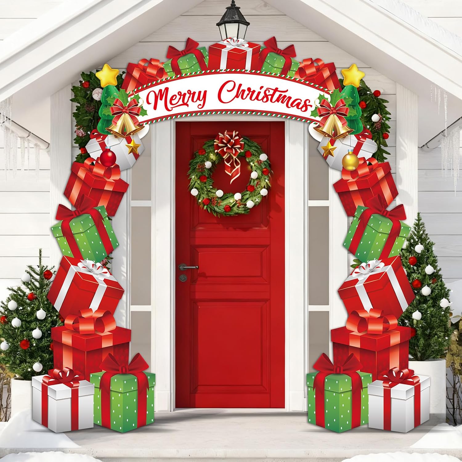 3Pcs Christmas Gift Box Door Banners Merry Christmas Door Cover Porch Signs Xmas Gift Boxes Shaped Backdrop Hanging Decoration for Xmas Winter Home Front Doors Holiday Party Outdoor Supplies