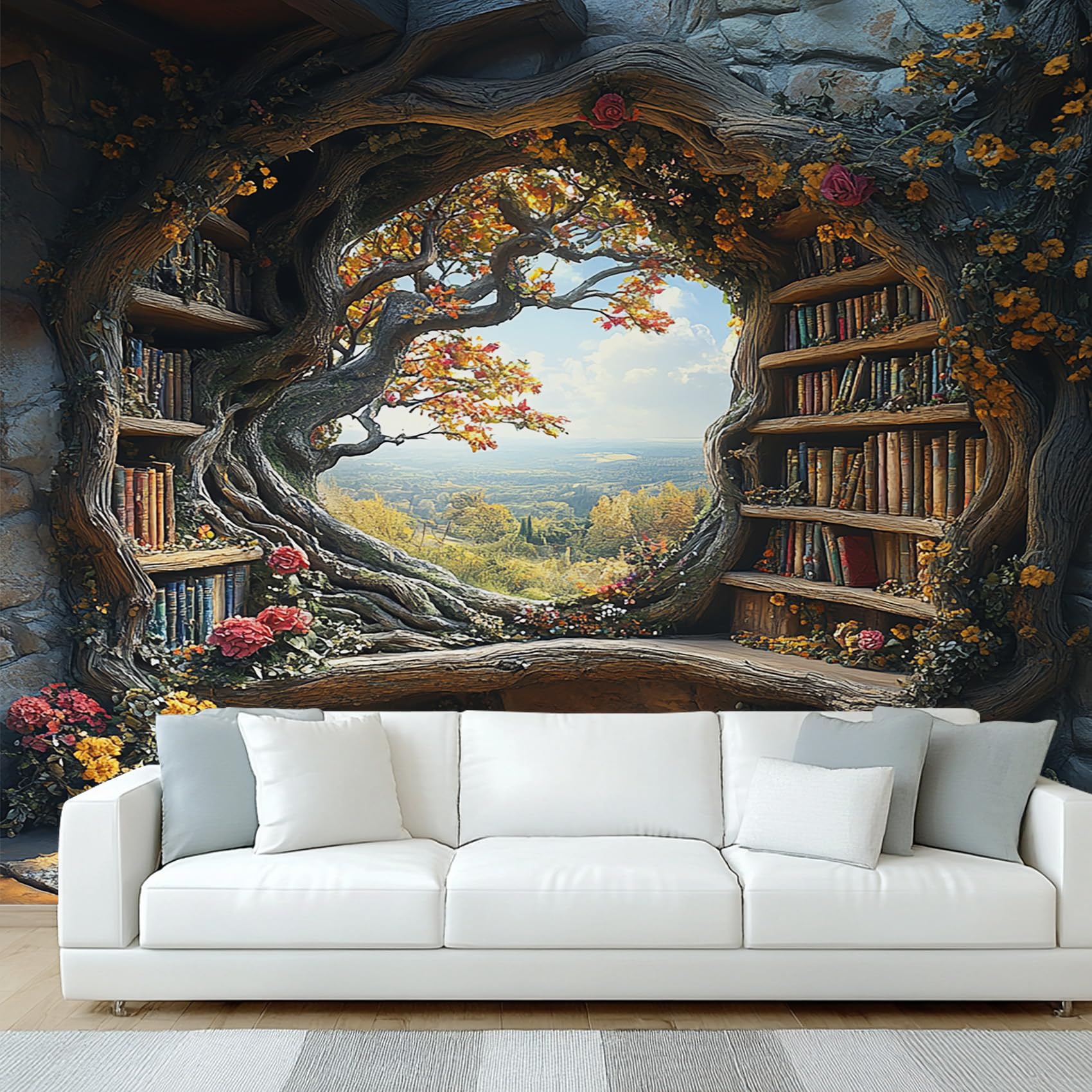 Bookshelf Wallpaper, Fantasy Tree Library Wall Mural, Wallpaper for Bedroom Living Room, Home Decor, Photo Wall Paper, 260 x 175 cm W&Q