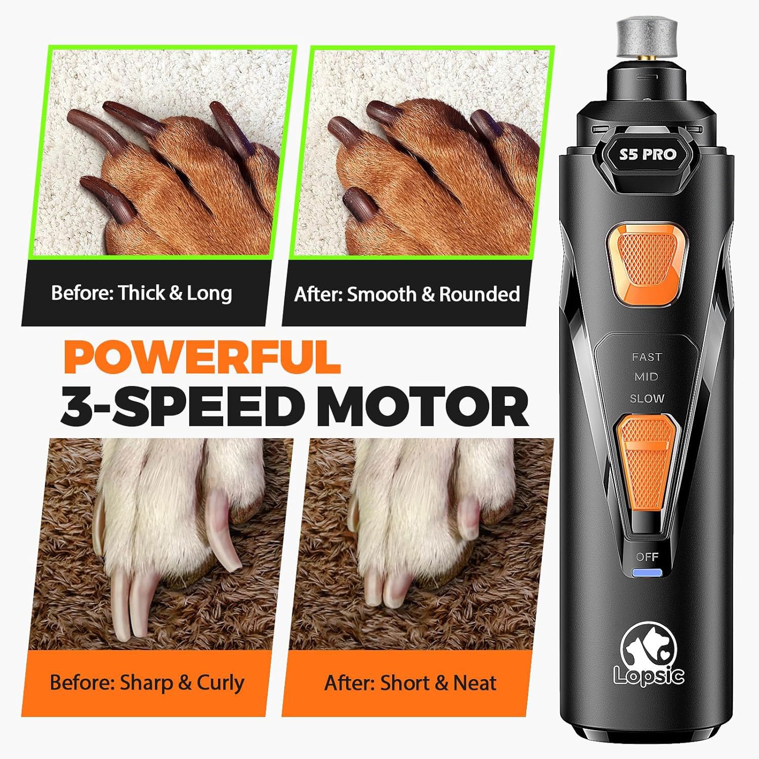 LOPSIC Broyeur à Ongles pour Chien avec 2 lumières LED Puissant Coupe-Griffes à 2 Vitesses avec 2 Roues de meulage Super Silencieux Rechargeable Kit de Coupe-Griffes pour Chiens de Petite et Grande