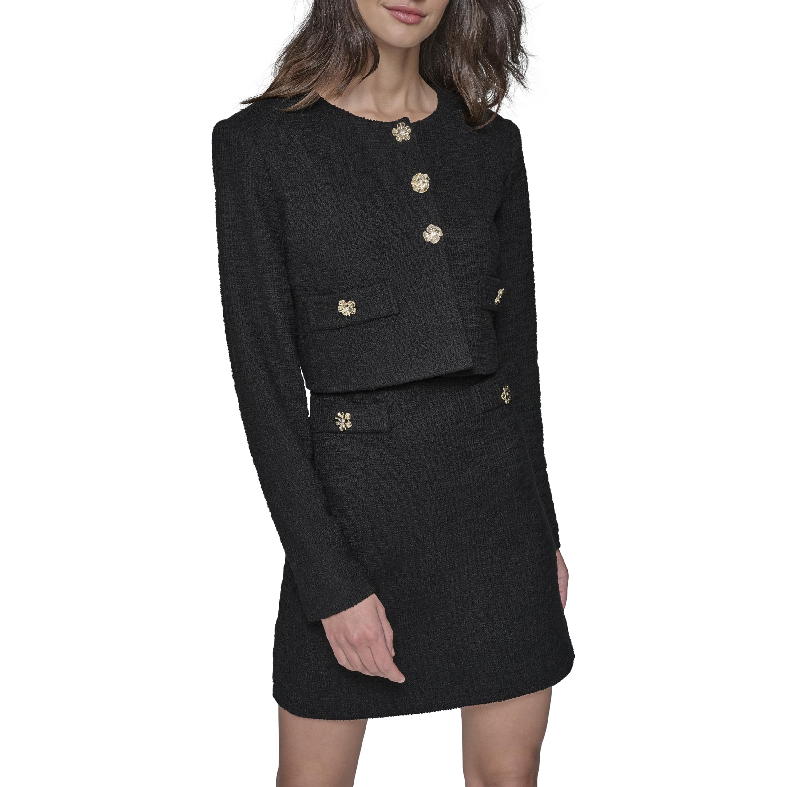 Karl Lagerfeld Womens Tweed Solid Scoop Neck Cropped Knit Blazer