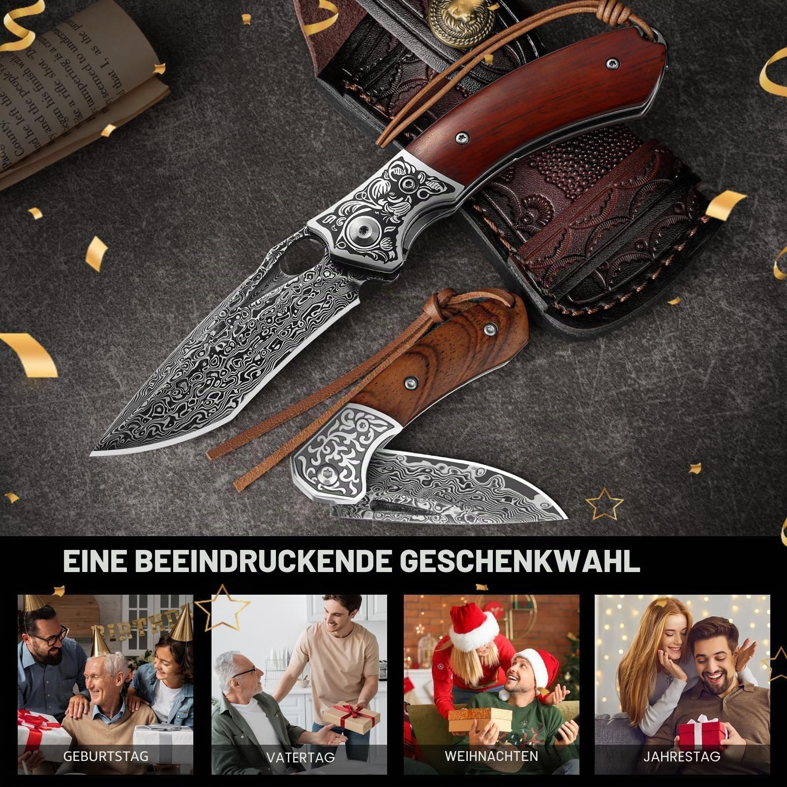 DRACHENADER Damast-Taschenmesser Set, 2er Klappmesser aus 67 Lagen VG10 Damaststahl, Zweihandmesser mit Liner Lock, §42a-konform, Enthält RUBY SEED und HB mit Lederscheide