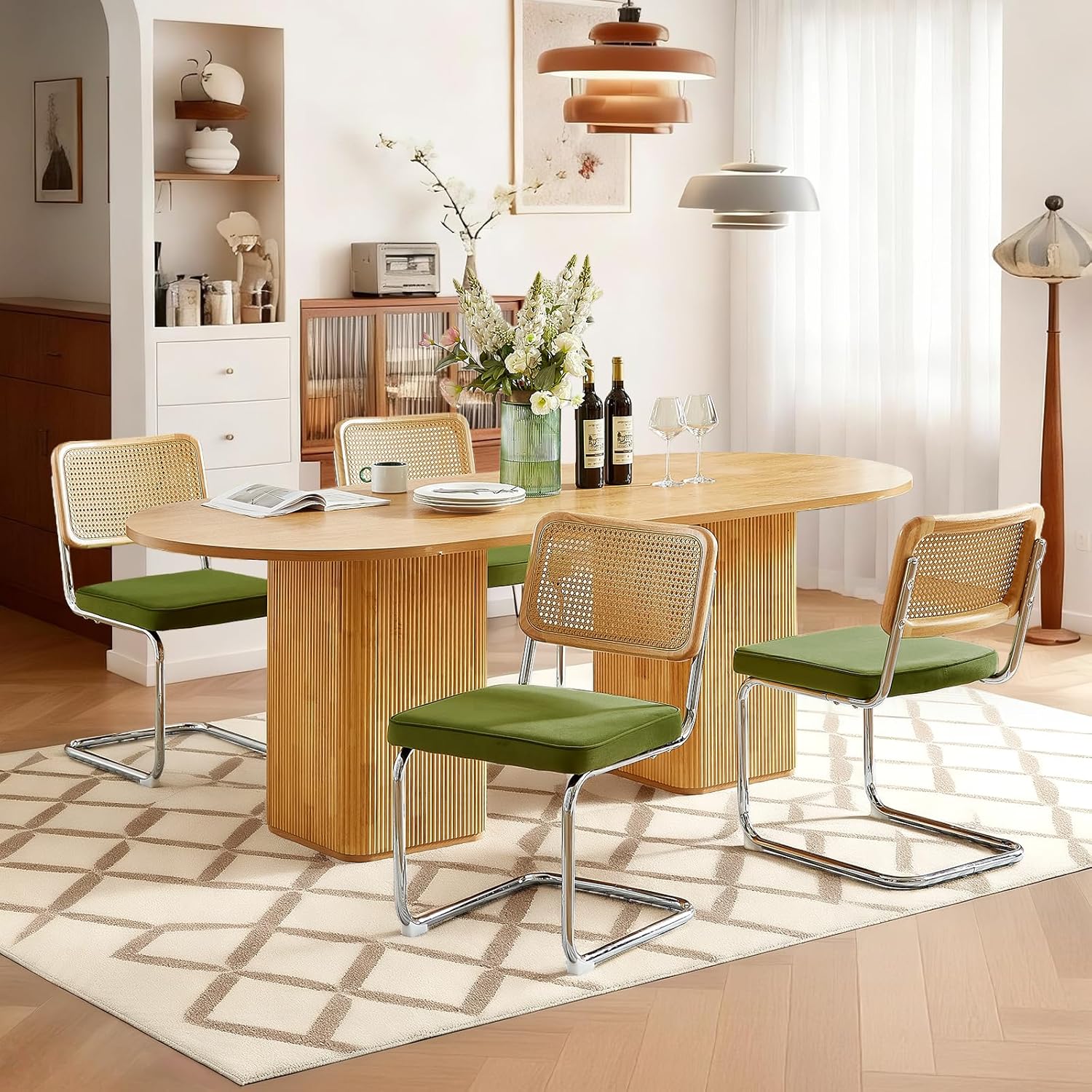 Rattan Back Velvet Dining Chair Set of 2 Modern Breuer Designed Stainless Chrome Base Armless Upholstered Dining Chair for Dining Room, Kitchen Island(Olive Green)