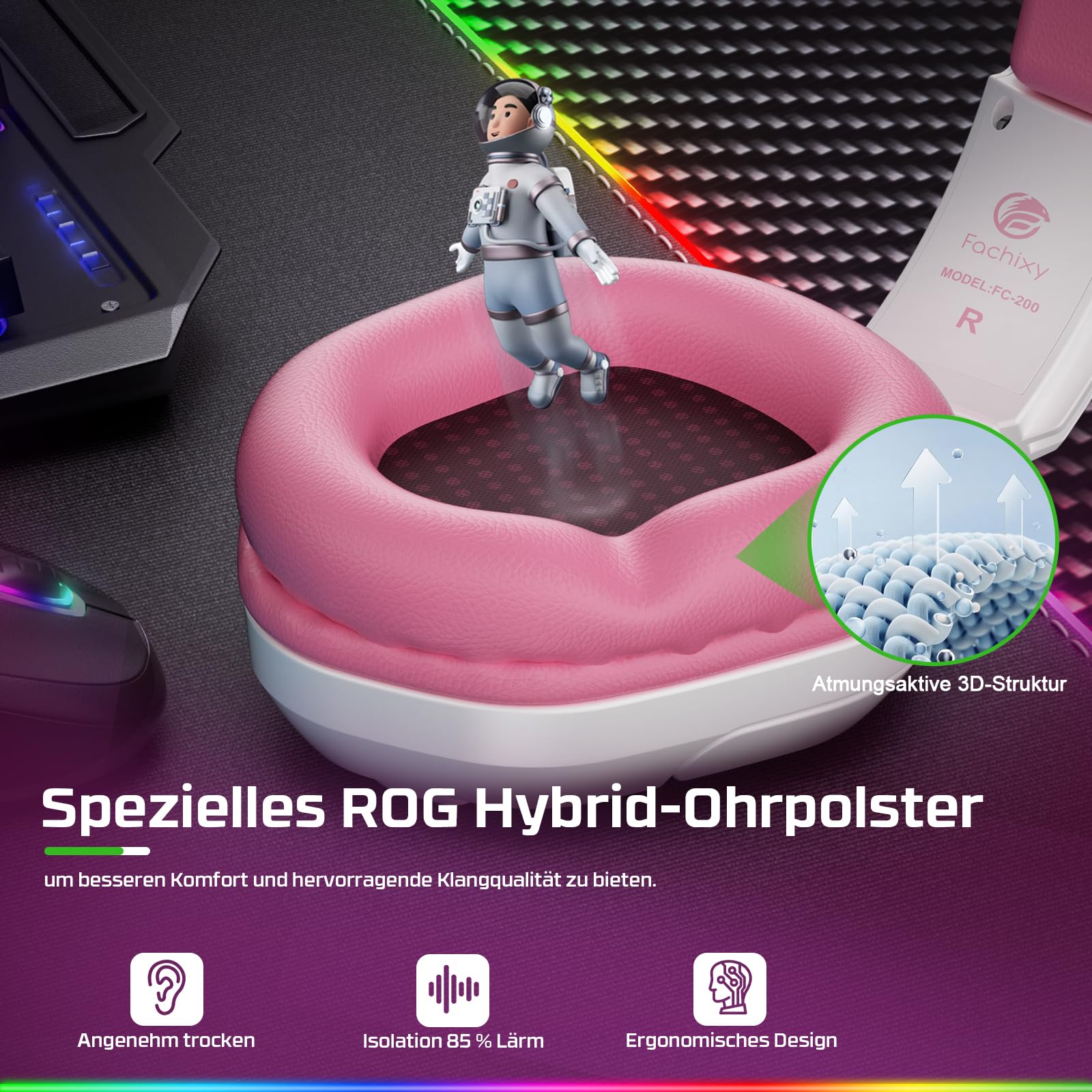 Fachixy FC200 Gaming Headset für PS5, PS4, PC, Xbox One, Super Nintendo (SNES), Gaming-Kopfhörer, Headset mit Stereo-Mikrofon-Sound mit 3,5-mm-Klinkenstecker mit RGB-Licht - Weiss-ROSA