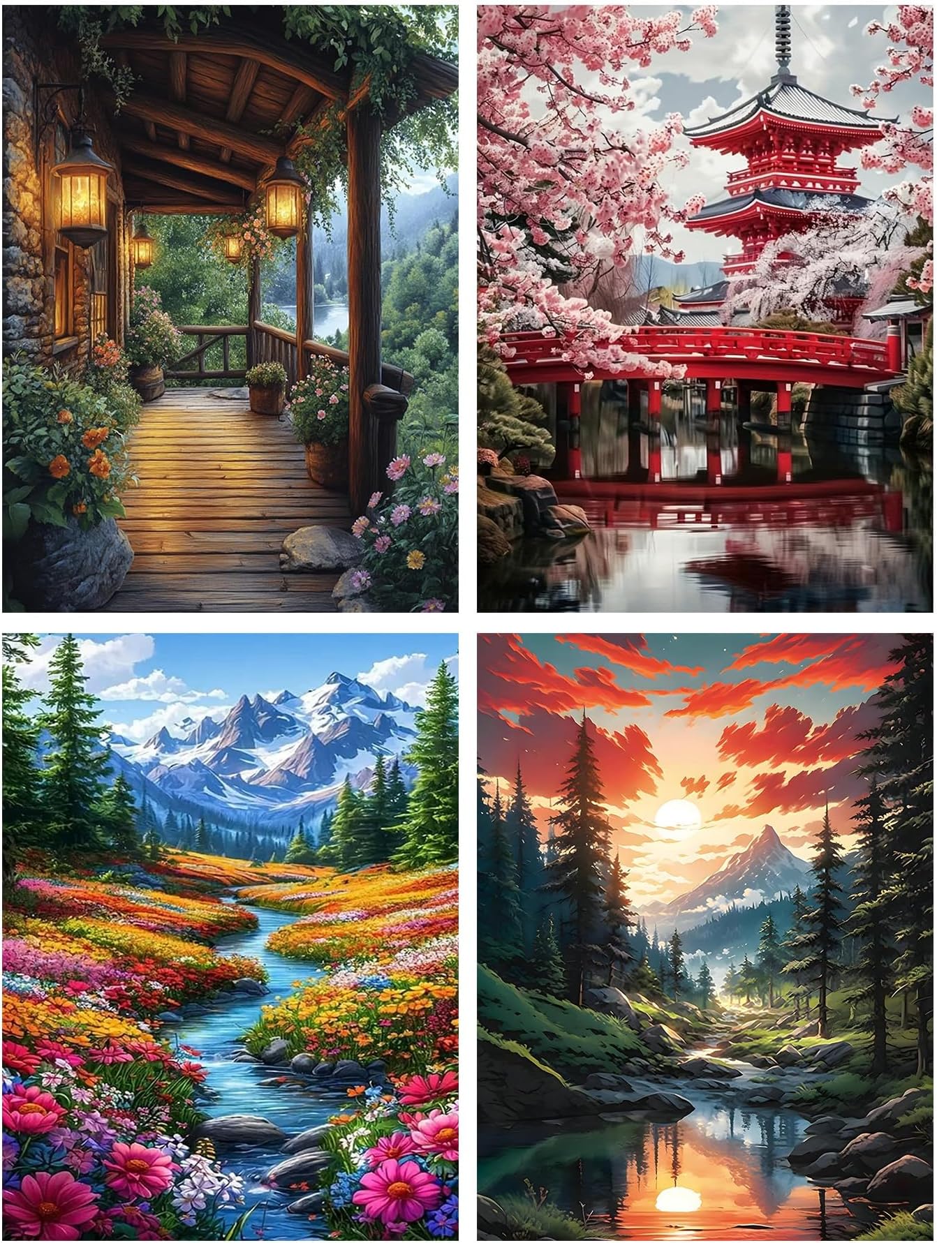 Diamond Art Kits for Adults, 4 Packs Landscape Diamond Art Painting Kits for Adults, Diamonds Painting Kit for Adult, 5D DIY Full Round Drill Gem Craft for Adult Gifts, Home Wall Decor 11.8" x 15.7"
