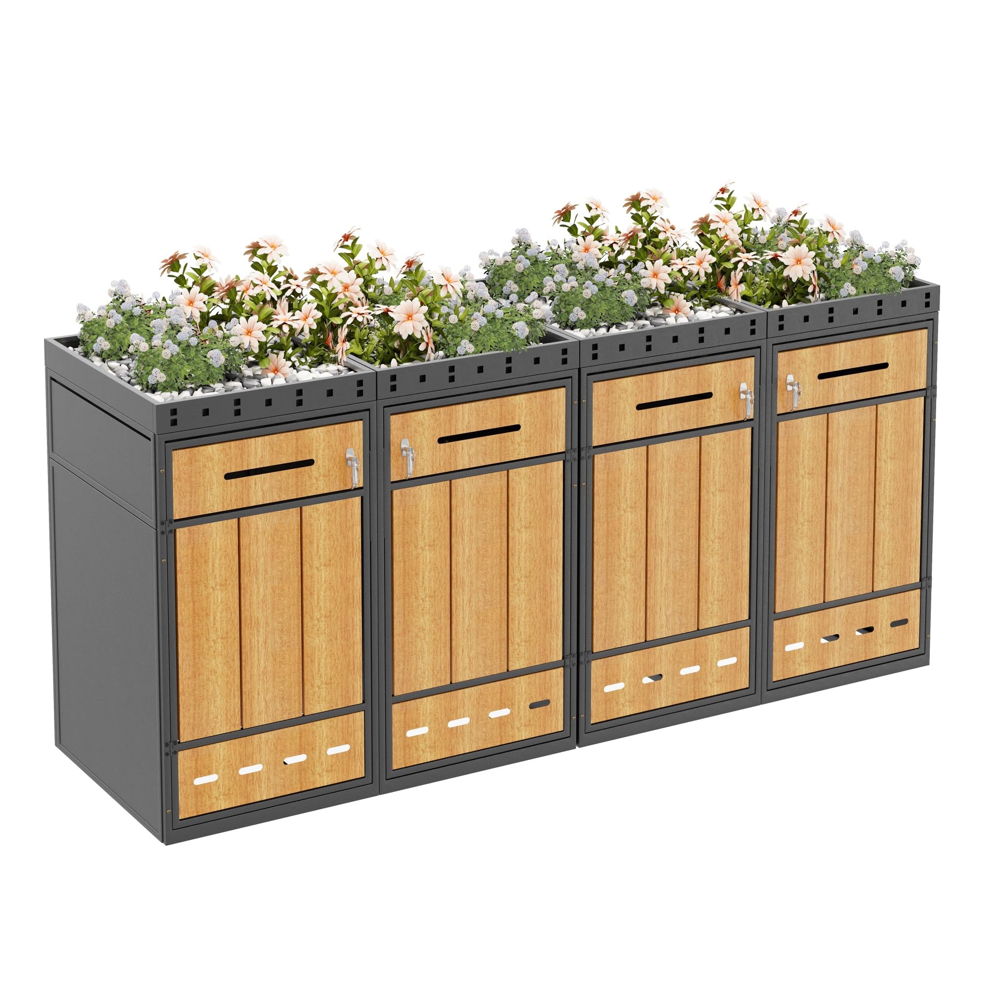 Mülltonnenbox 4er mit Pflanzdach und Türfüllung in Holzoptik 120-240 L, Mülltonnenboxen Mülltonnenverkleidung ist EIN Griff mit Schlüssel Angebracht, Gartenmöbel Müllcontainer, Grau+Holzfarbe