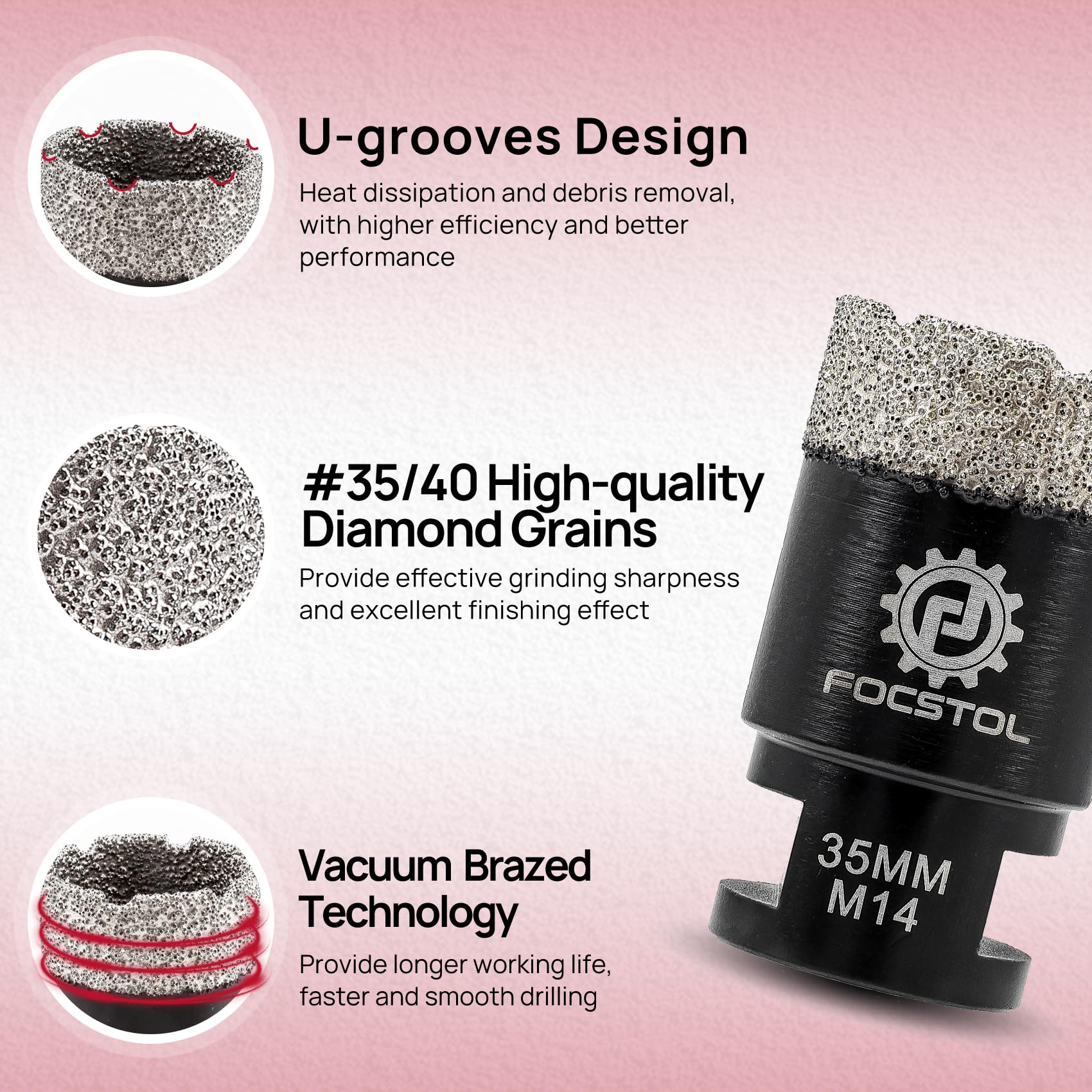 FOCSTOL Punte per Trapano Diamantate - 35mm Sega a Tazza Diamantata per Porcellana Ceramica Piastrella Marmo Granito Quarzo M14 Filettatura