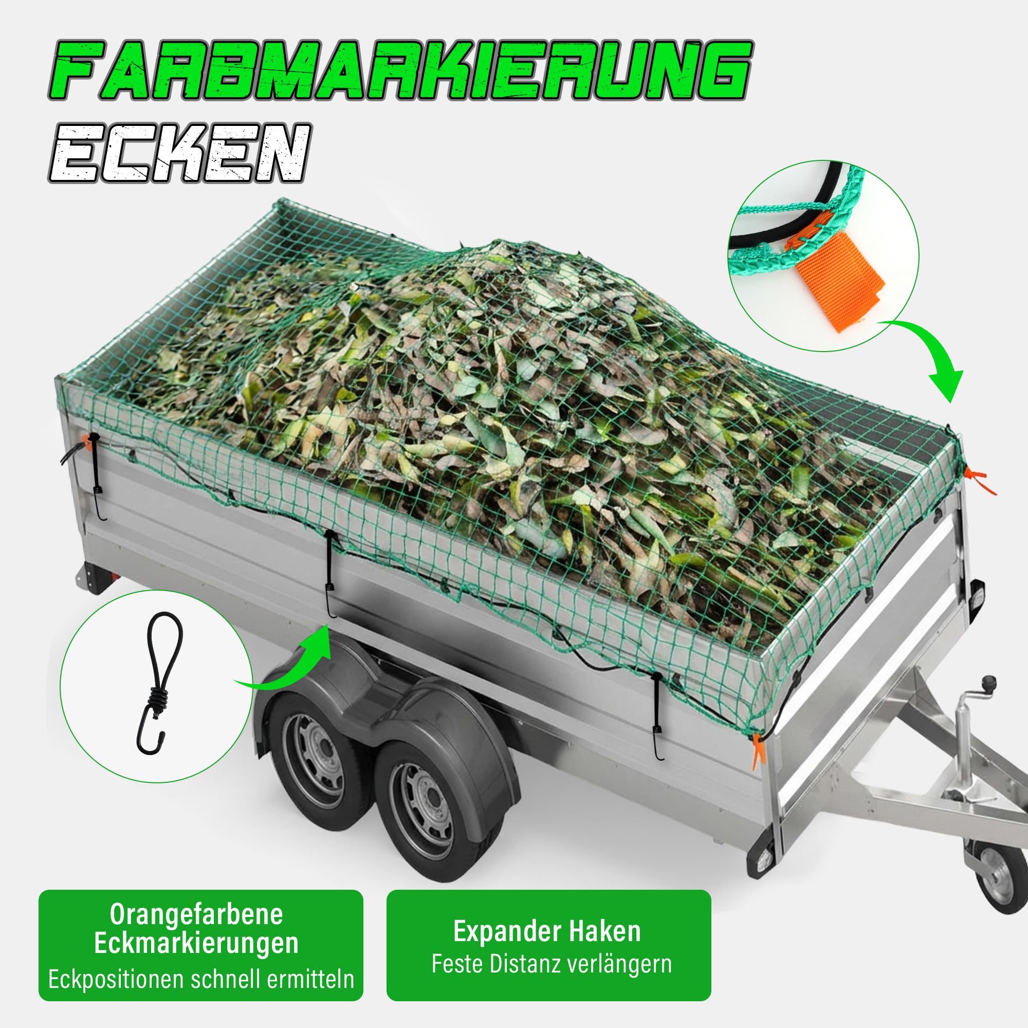 STARLEAPARTS Anhängernetz 1,5x2,2 M, Inkl. 6 Spannhaken, Eckmarkierungen, Verstärktes Gummiseil, 780N, Transportnetz zur Ladungssicherung, PKW Zubehör Gepäcknetz, Grün