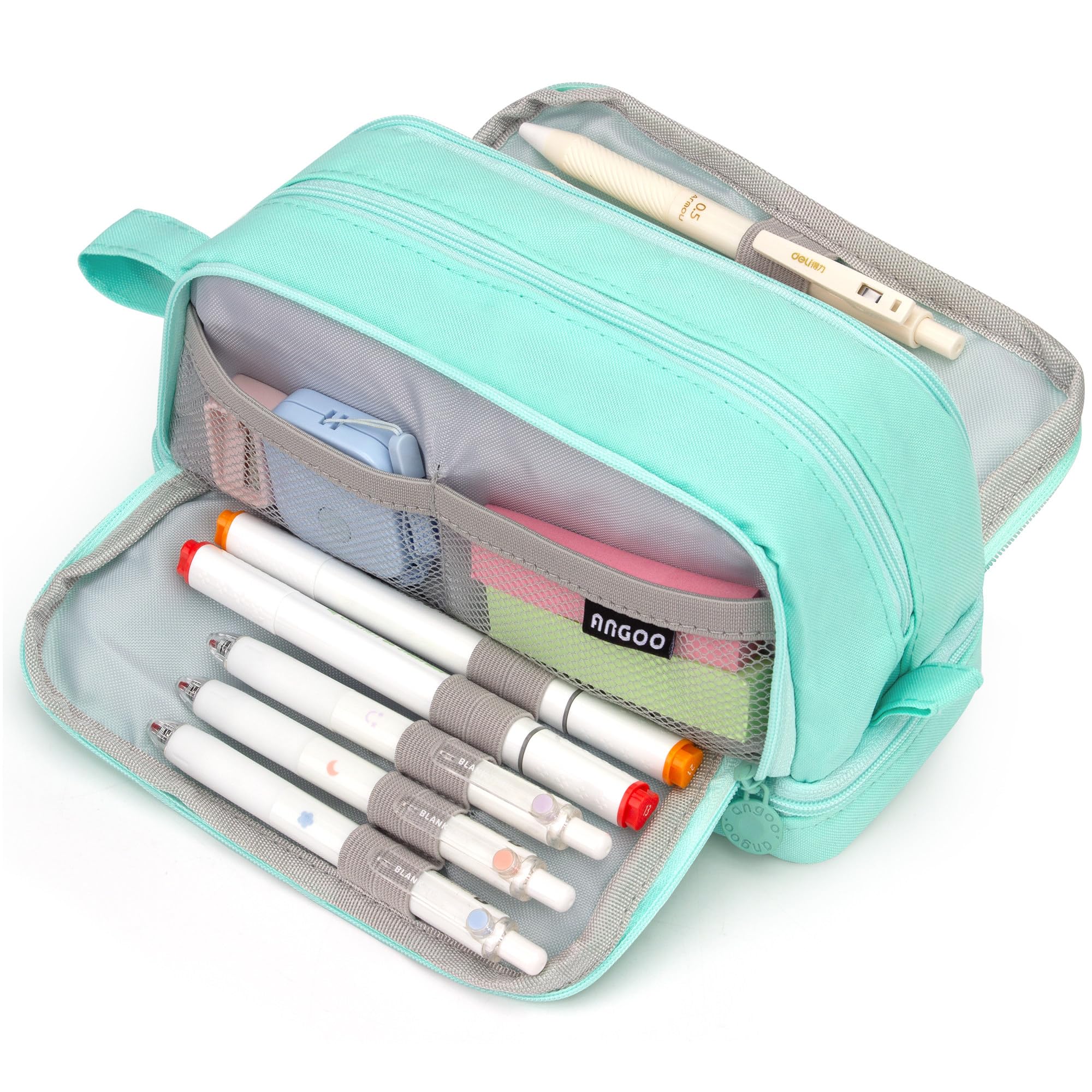 Vocuer Large Capacity Modern Minimalist Green Pencil Case with 4 Compartments for Art Supplies, Unisex, 8.5 x 3.8 x 8.5 inches, 135 Cubic inches, Zipper Closure, Soft Shell, Portable Strap