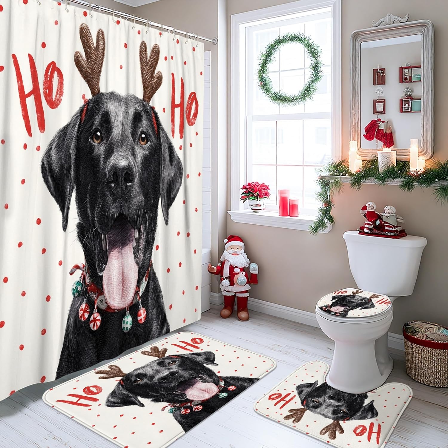 4pcs Christmas Dog Shower Curtain Set, White Red Polka Dot Bath Mat Rugs Accessories for Bathroom Decor, Festive Modern Waterproof Fabric Shower Curtain Set with Hooks 72x72 Inch