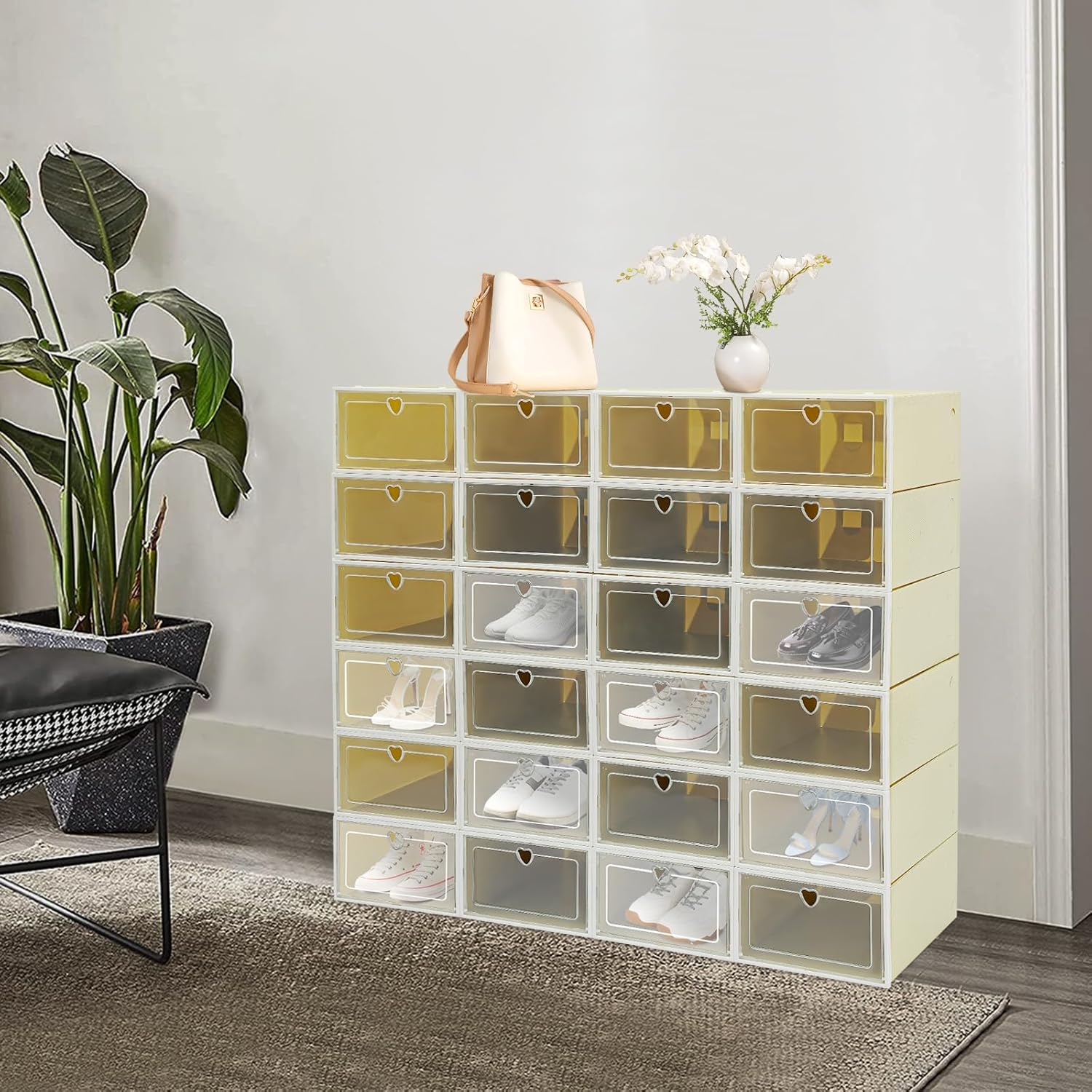 Shoe Storage Boxes Organizers, Clear Plastic Stackable 24 Pack, Shoe Rack & Holder Substitute, Sneaker Containers, Toy Storage Organizer Bins for Entryway, Closet, Under Bed, Avocado Green