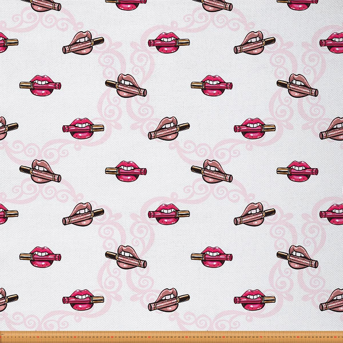 Lipstick Kiss Feminine Fabric by The Yard Feminine Red Lips Upholstery Fabric for Home DIY Projects Valentines Day Wedding Theme Decorative Waterproof Fabric 3 Yards,(L276*W150cm) White Pink